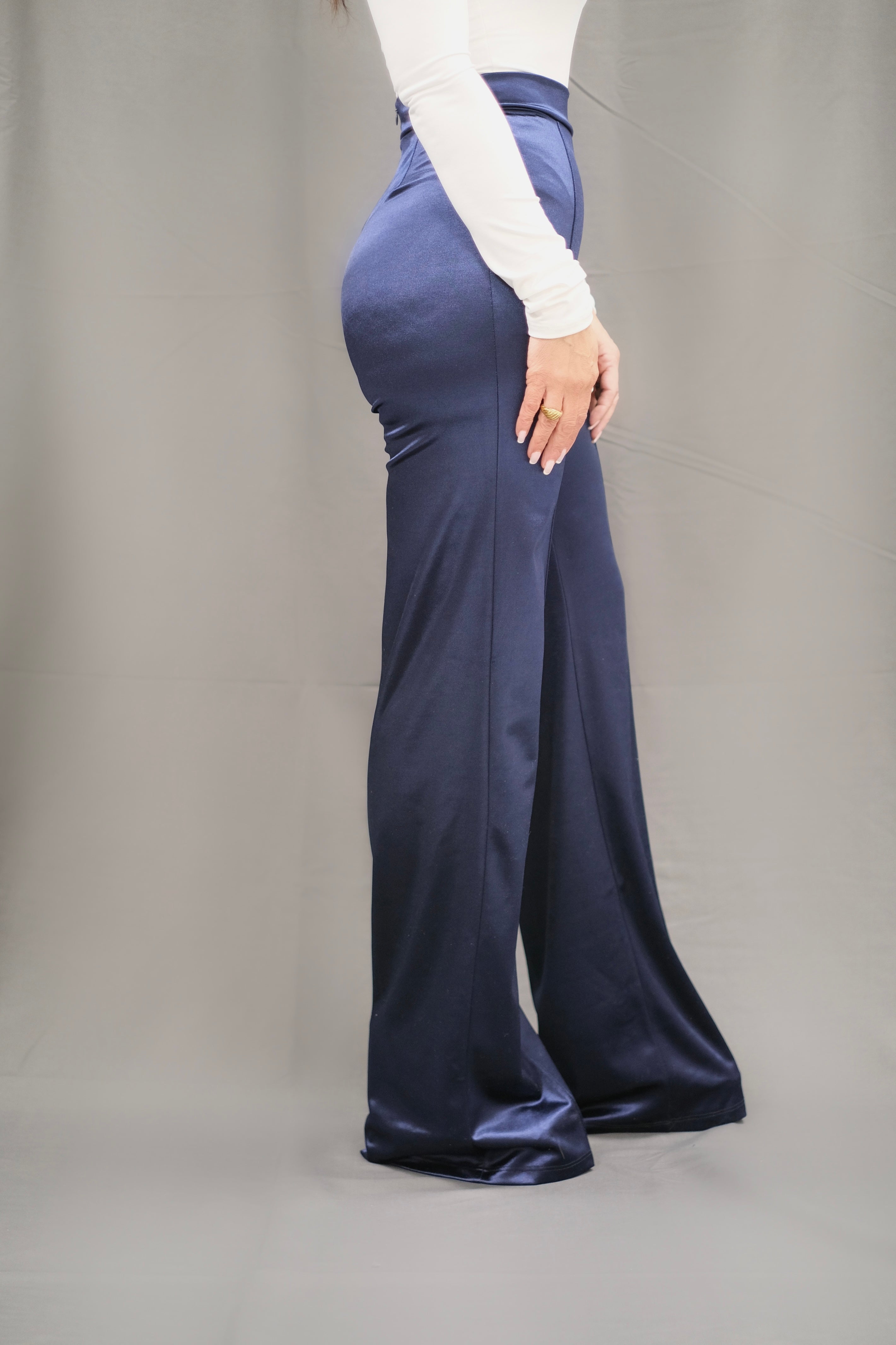 Calista navy satin flare pant