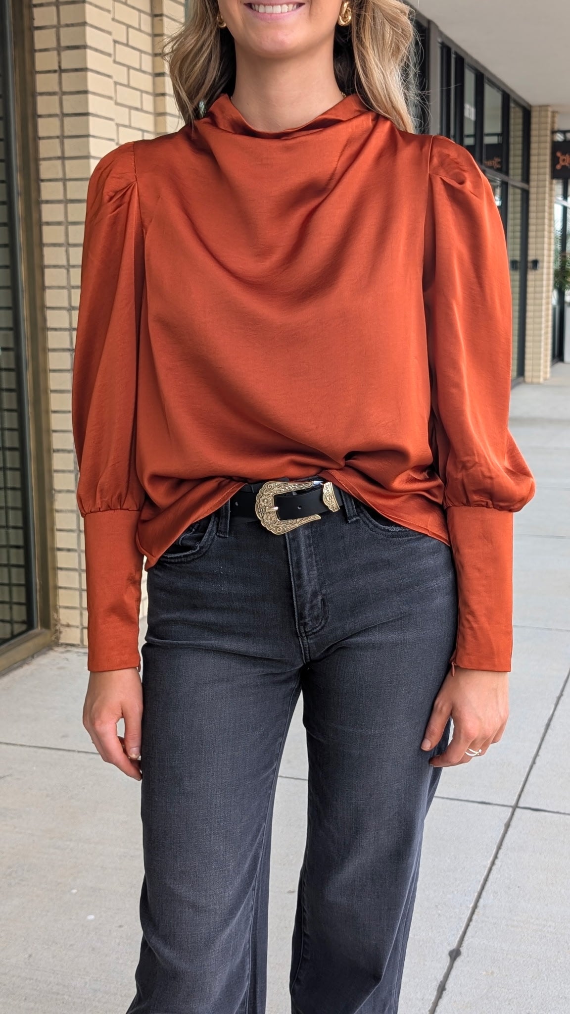Corey Rust Cowl Neck Blouse with Long Lantern Sleeve