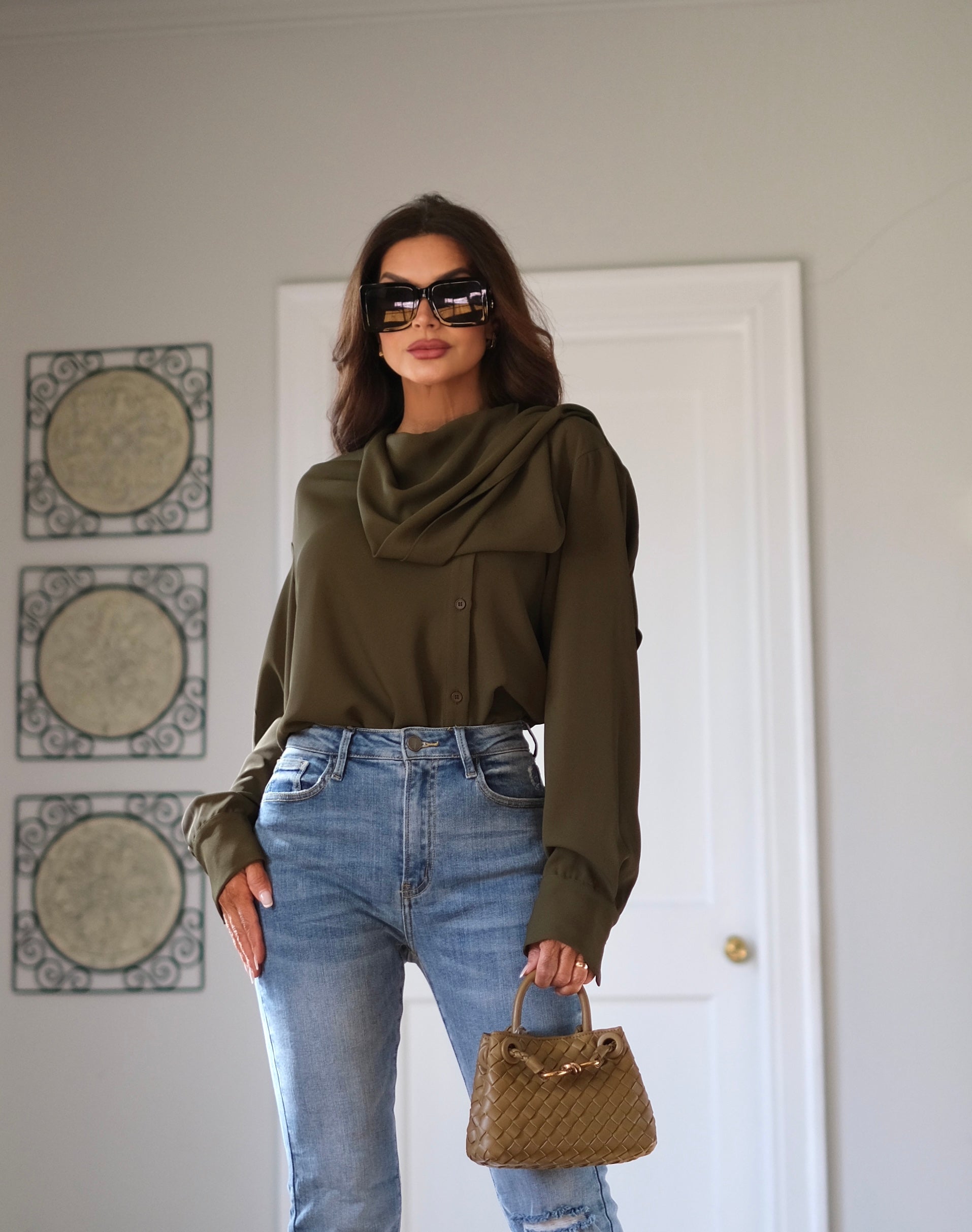 Octavia Olive Green Scarf Blouse With Side Button Detail