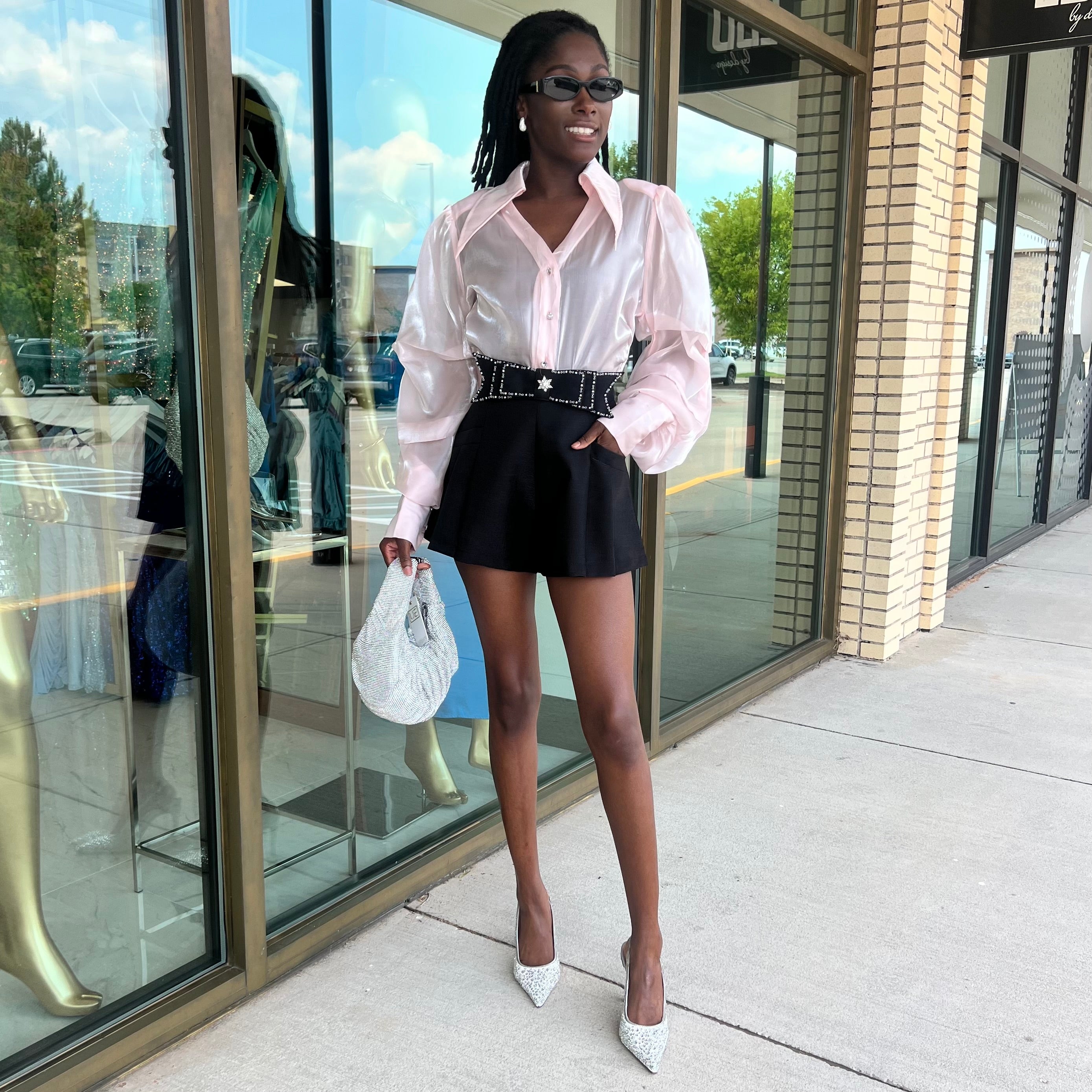 Pepa Blush Pink Long Puff Sleeve Crystal Button Front Blouse