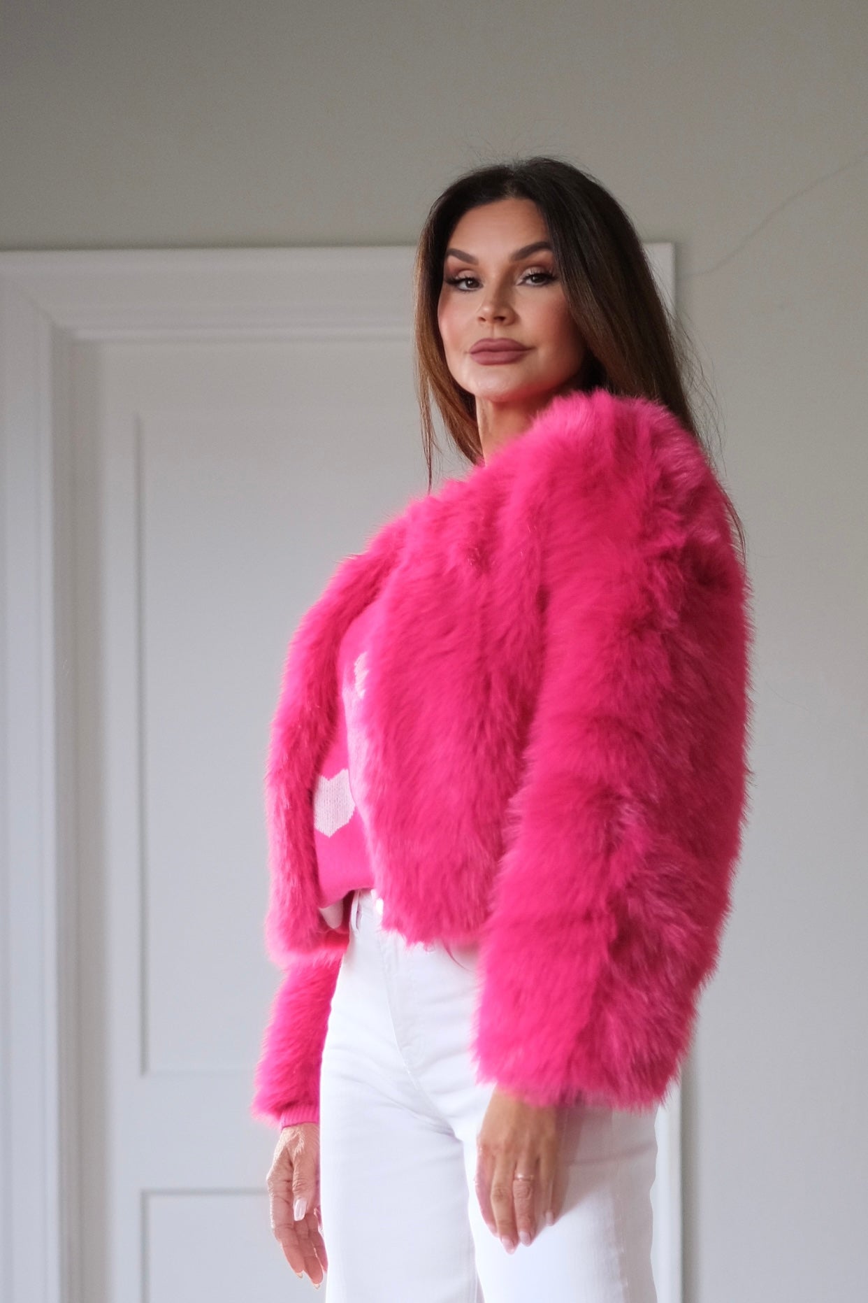 Millena fuchsia faux fur crop coat