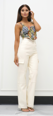 Parkway Ivory Faux Leather Cargo Straight Leg Pant