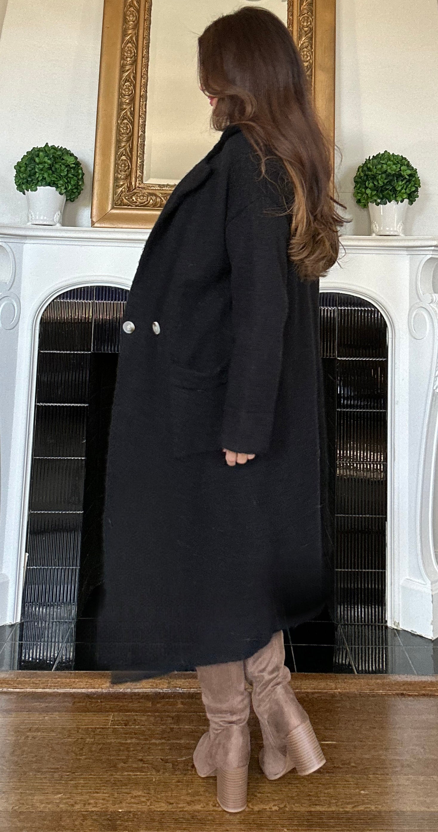 Anita black long line knit trench coat