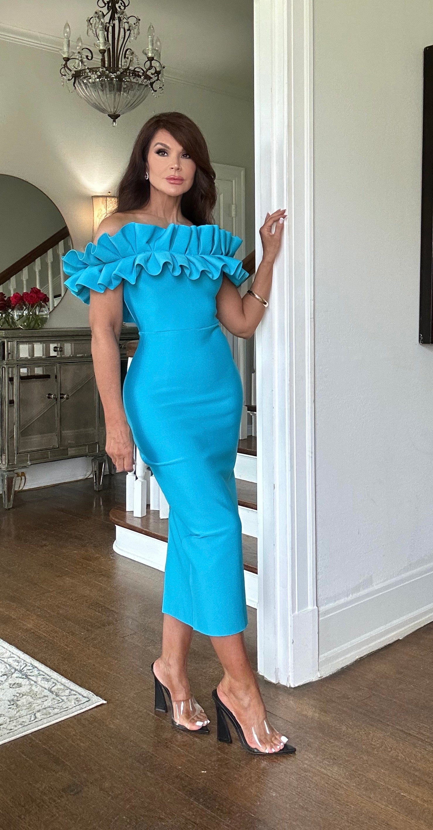 Raya turquoise off shoulder ruffle bandage midi dress