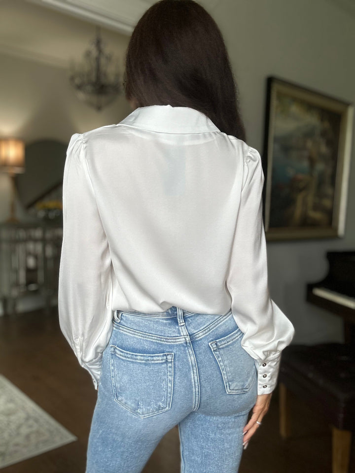 Sam white satin v-neck lapel blouse