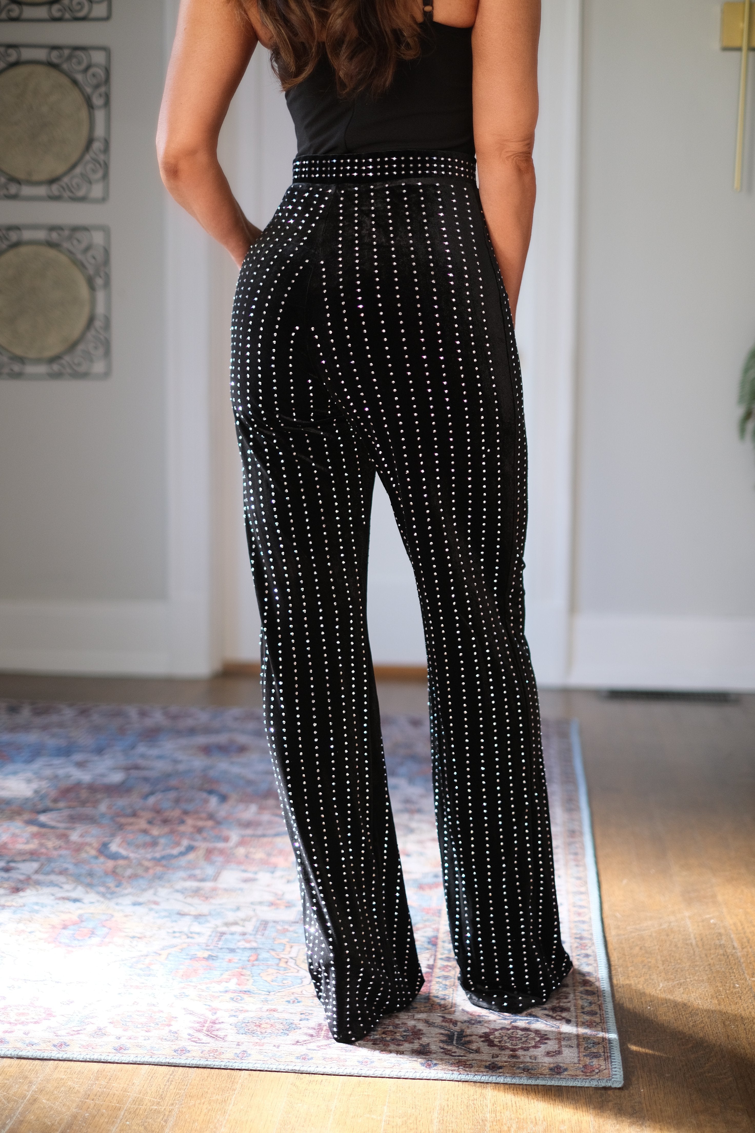 Banks Black Velvet Trousers with Rhinestone Pin Striping