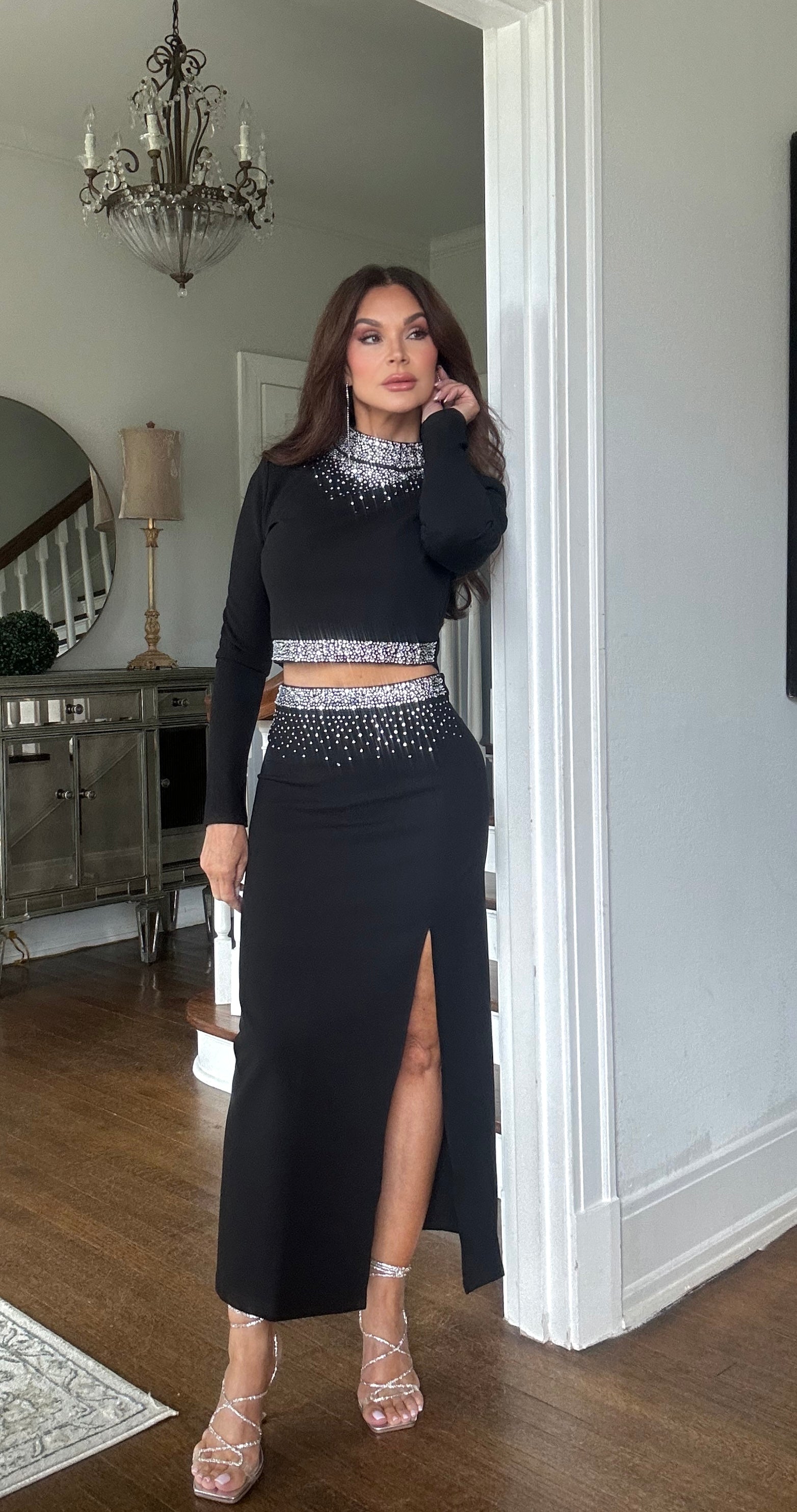 Lucia black rhinestone embellished midi skirt