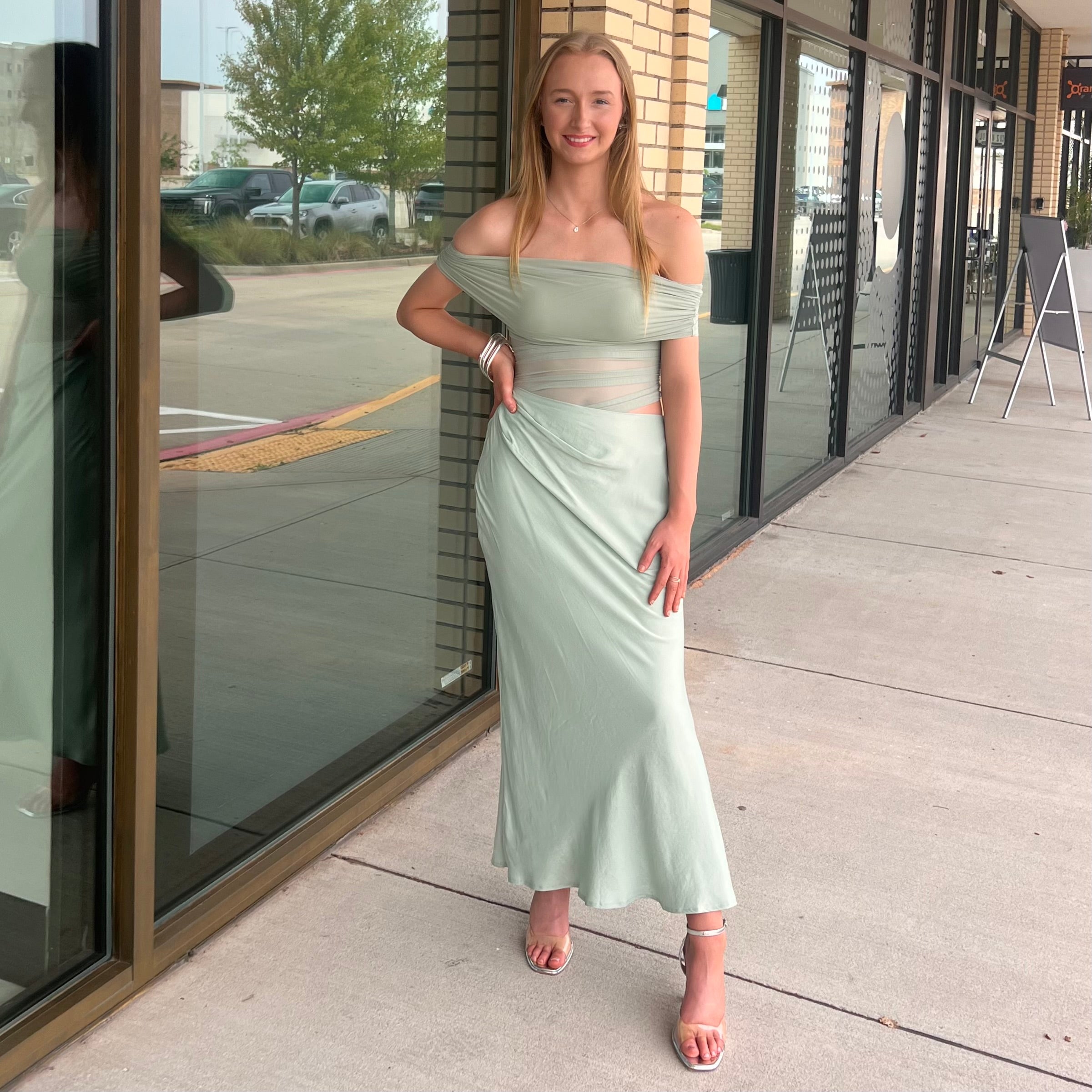 Stassi Sage One Shoulder Contrast Bottom Midi Dress