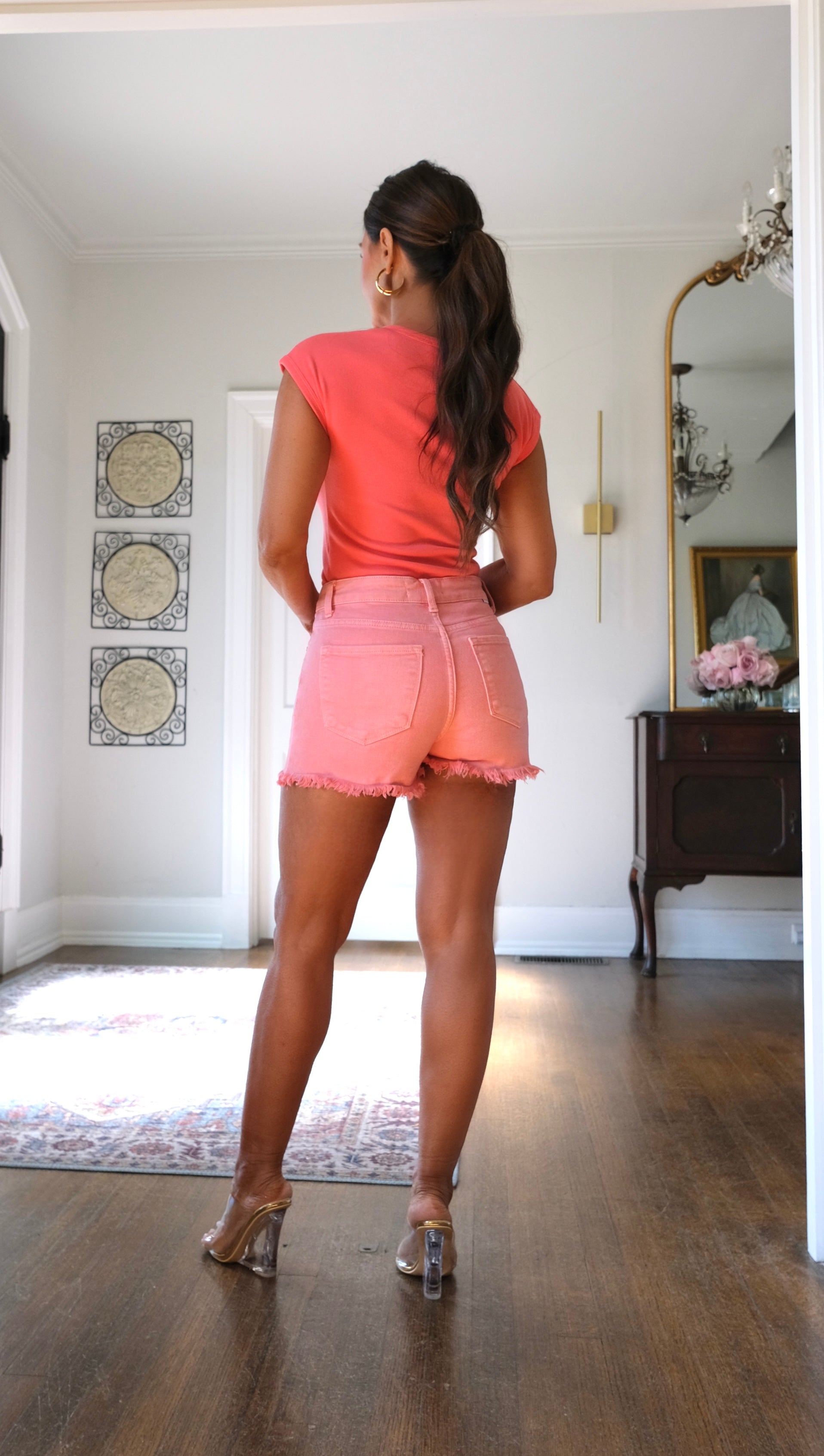 Aurora coral cutoff shorts