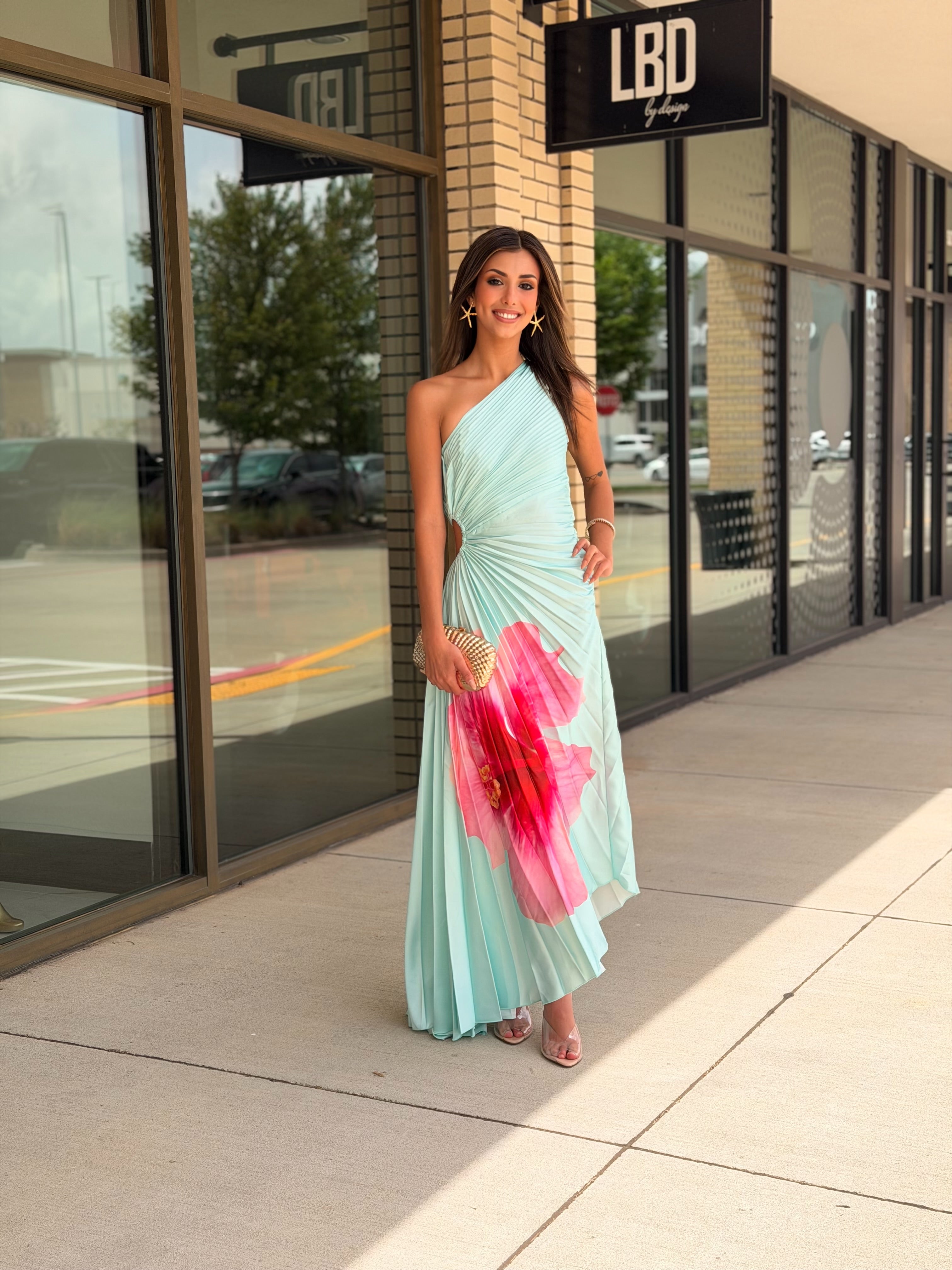Talia Mint One Shoulder Pleated Cut Out Midi Dress