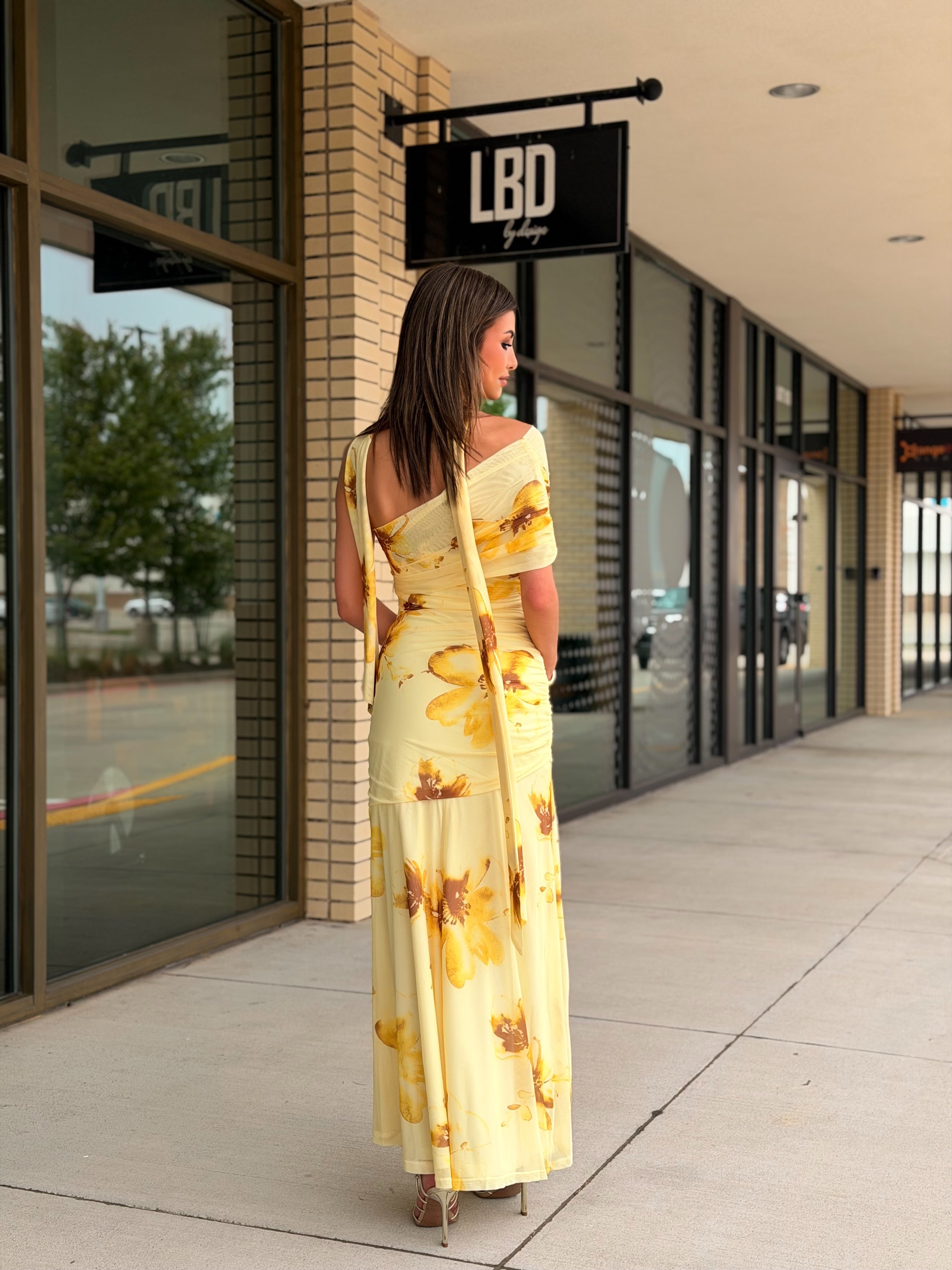 Rhea yellow floral  strapless asymmetrical maxi dress