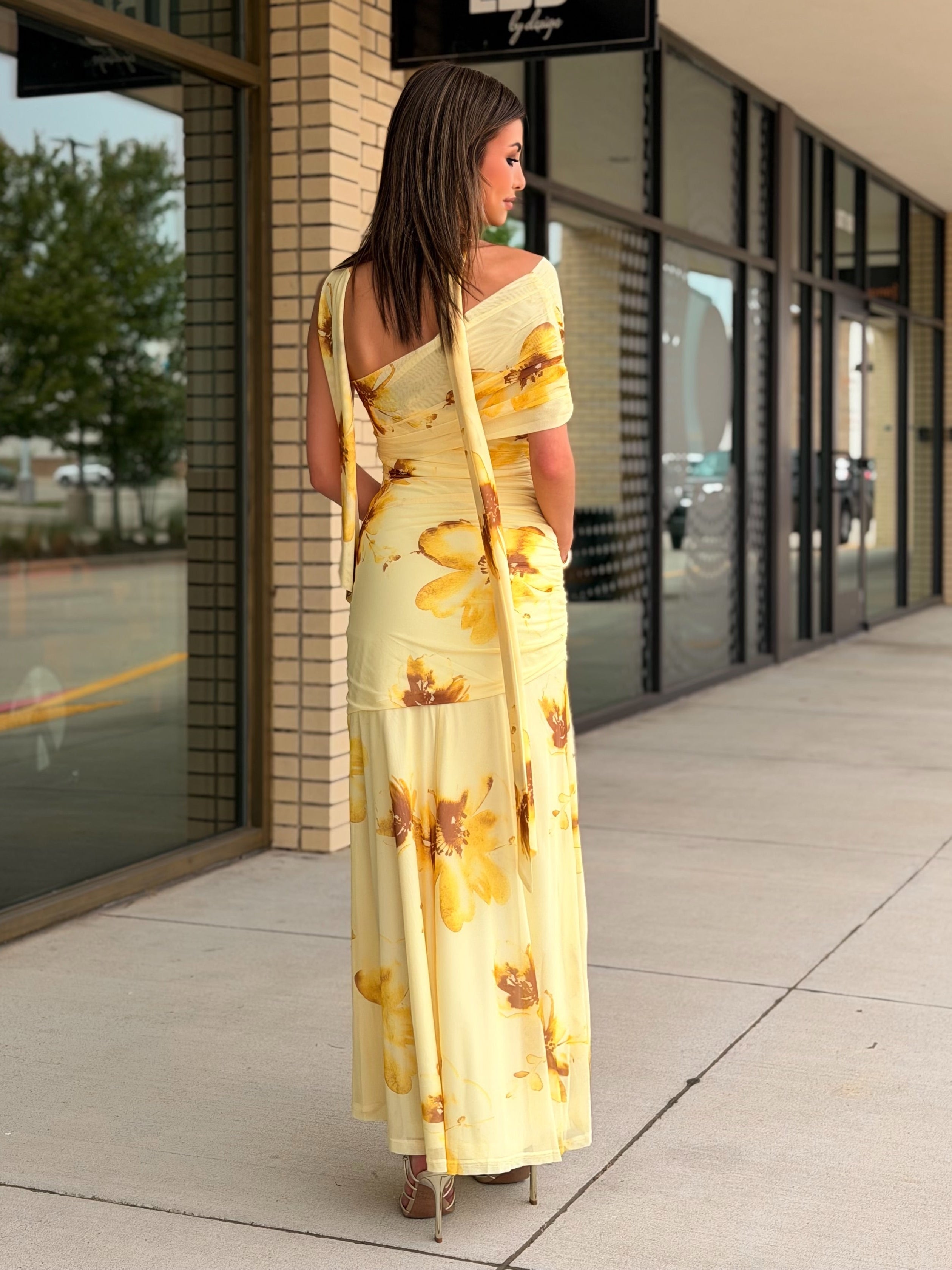 Rhea yellow floral  strapless asymmetrical maxi dress