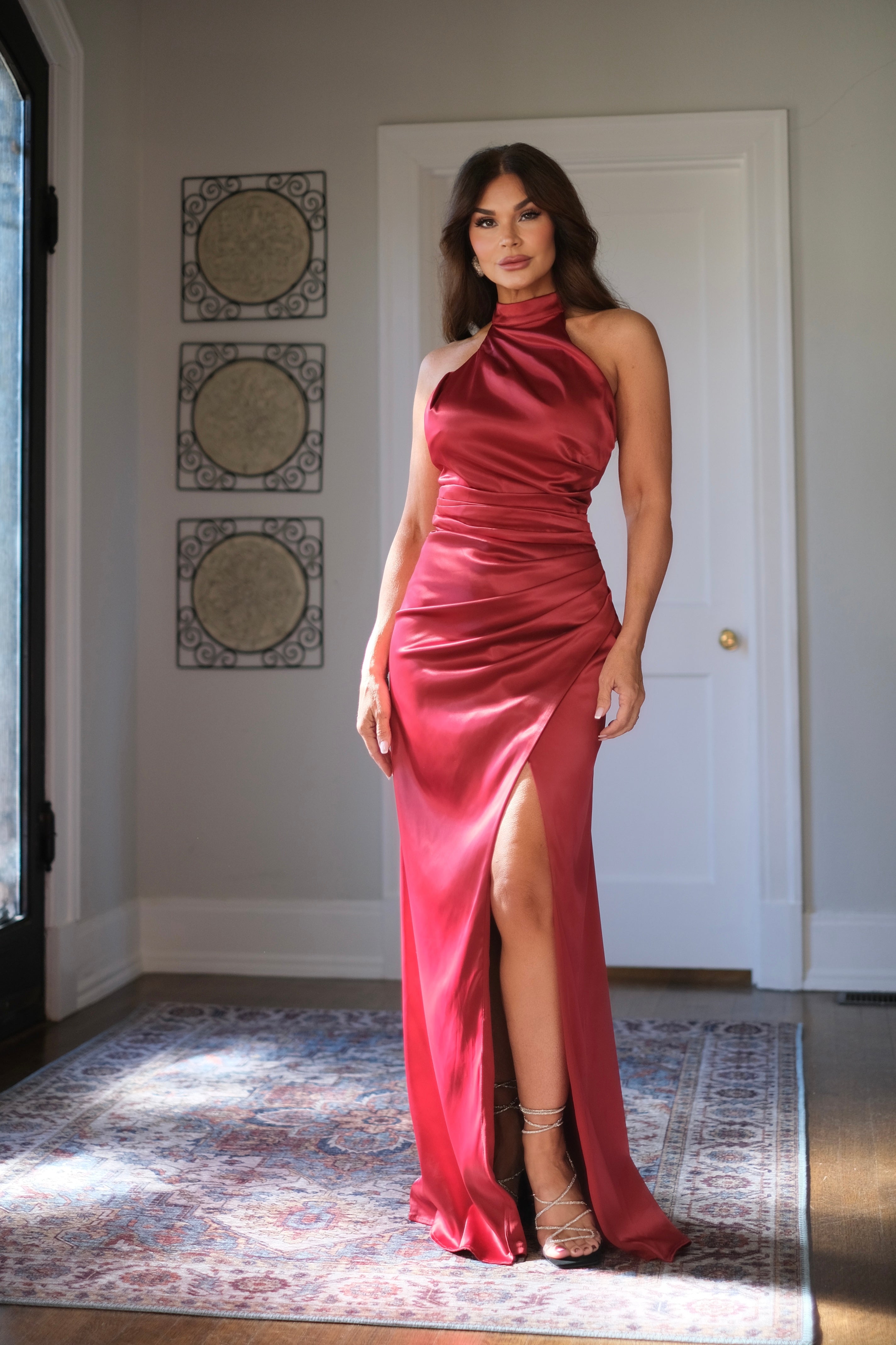 Blair burgundy satin halter neck midi dress with ruching and slit