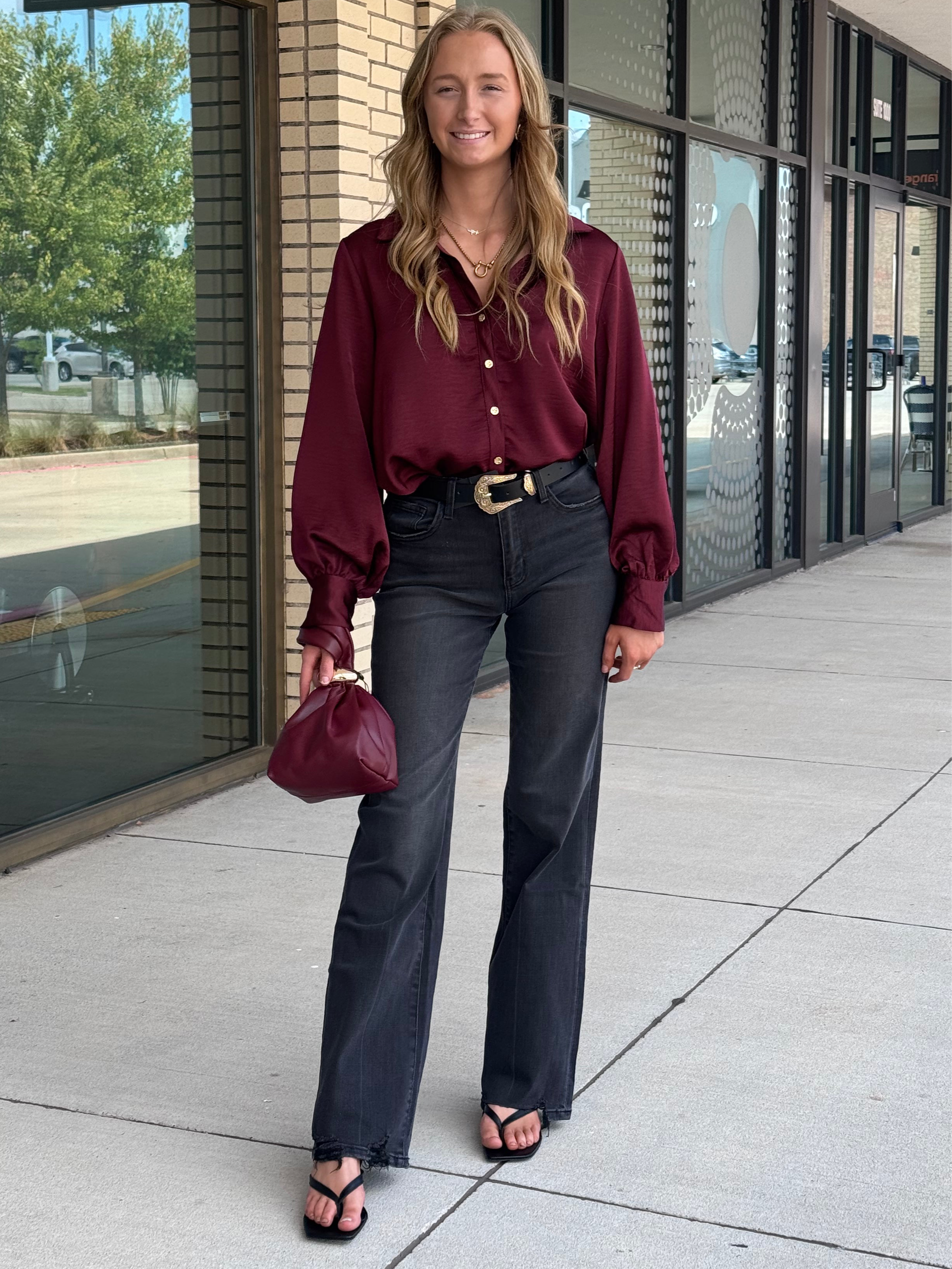Valentina Burgundy V Neck Collar Button Down with Gold Buttons