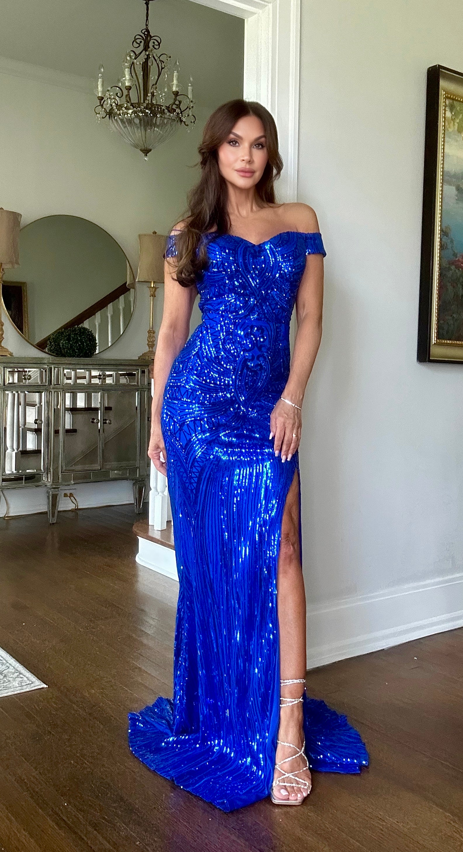 Skylar Royal Blue Sequin Off the shoulder Formal with Side Slit