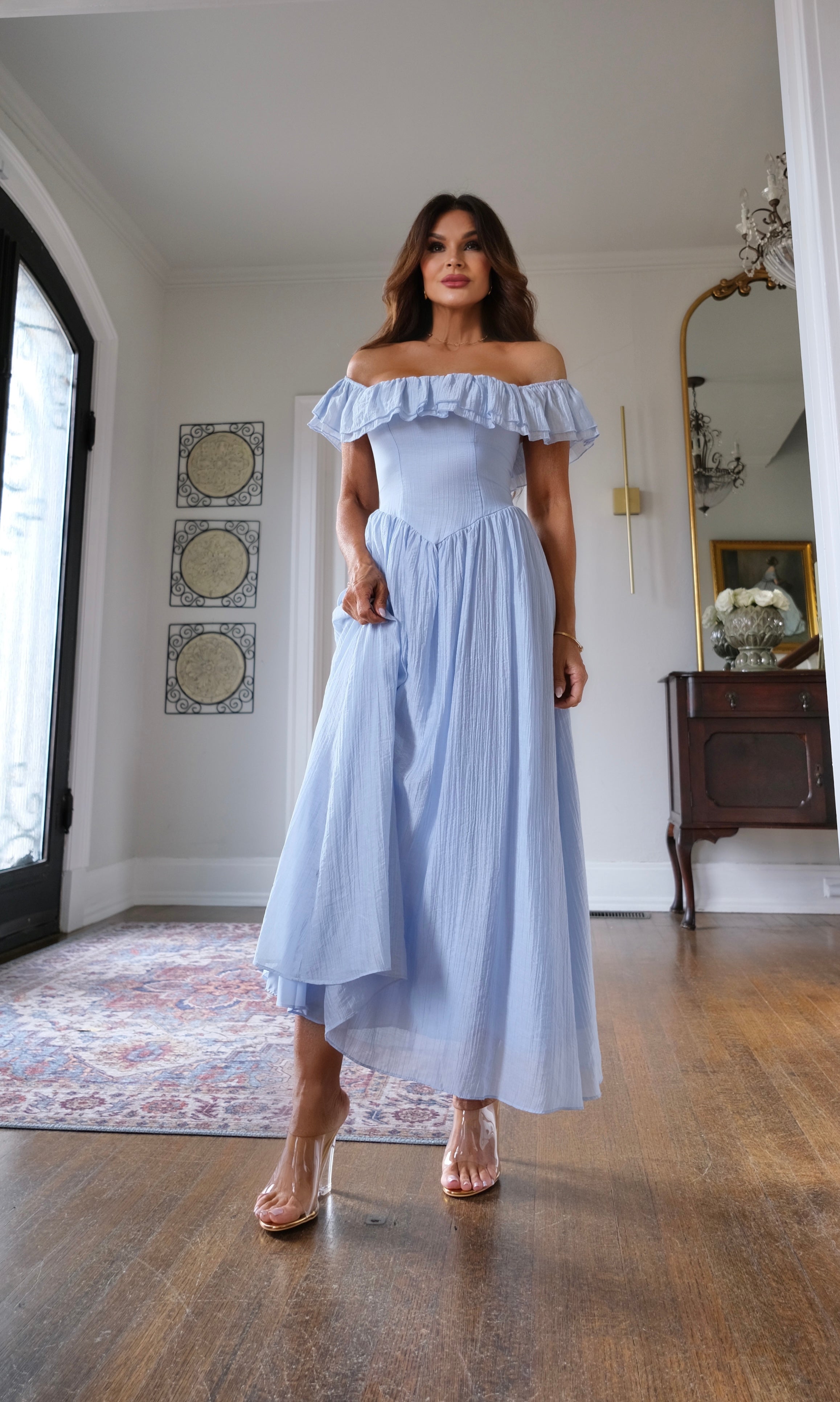 Alexis light blue textured flowy off the shoulder midi dress