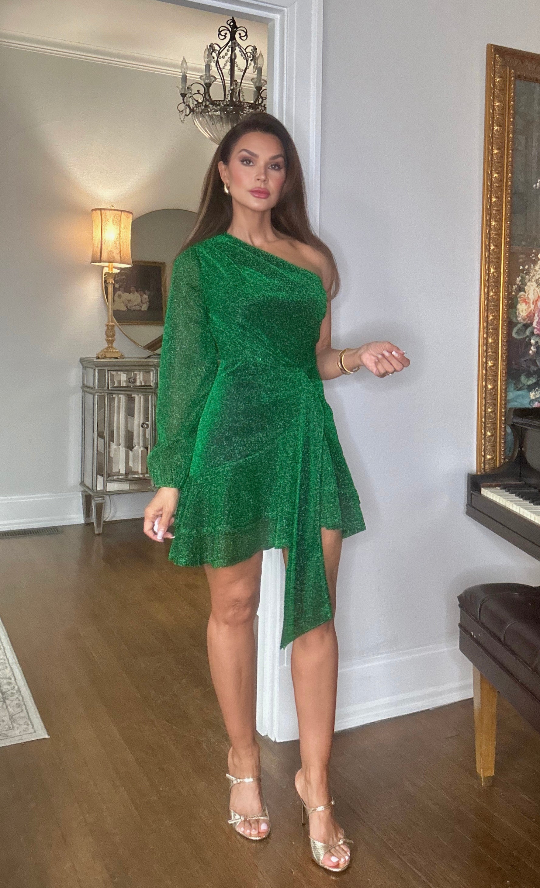 Gianna One Shoulder Green Lurex Knit Glitter MIni Dress