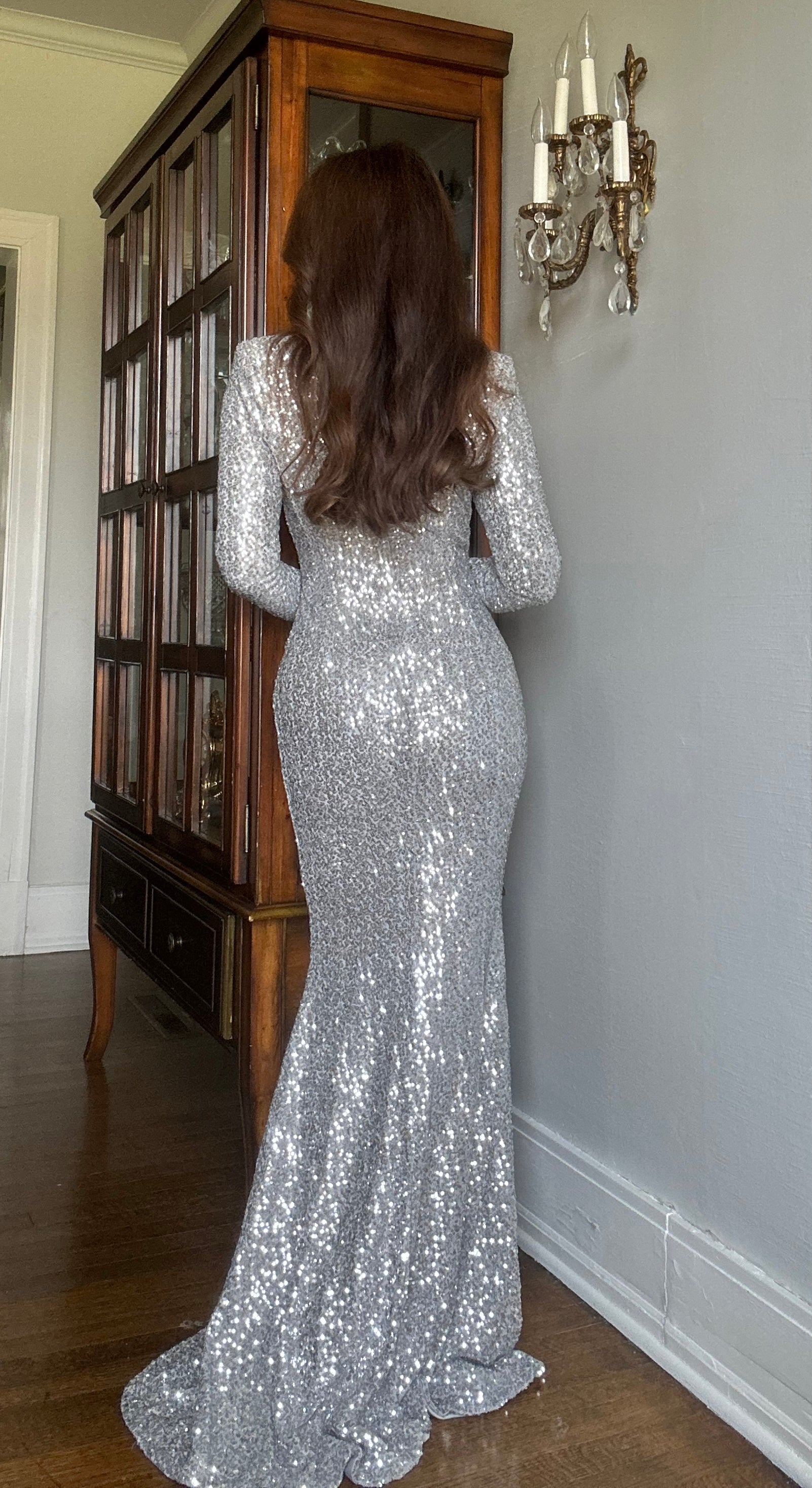 Johni Silver Sequin Long Sleeved Deep-V Ruched Formal with Front Slit