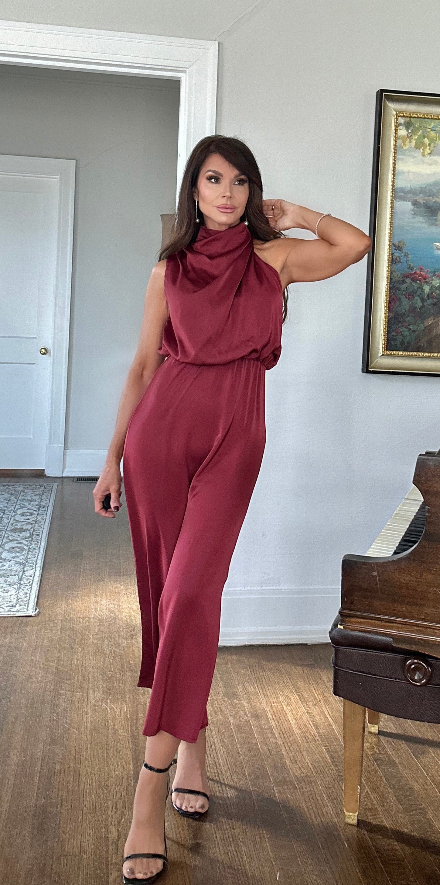 Vicki burgundy sleeveless draped mock neck satin midi