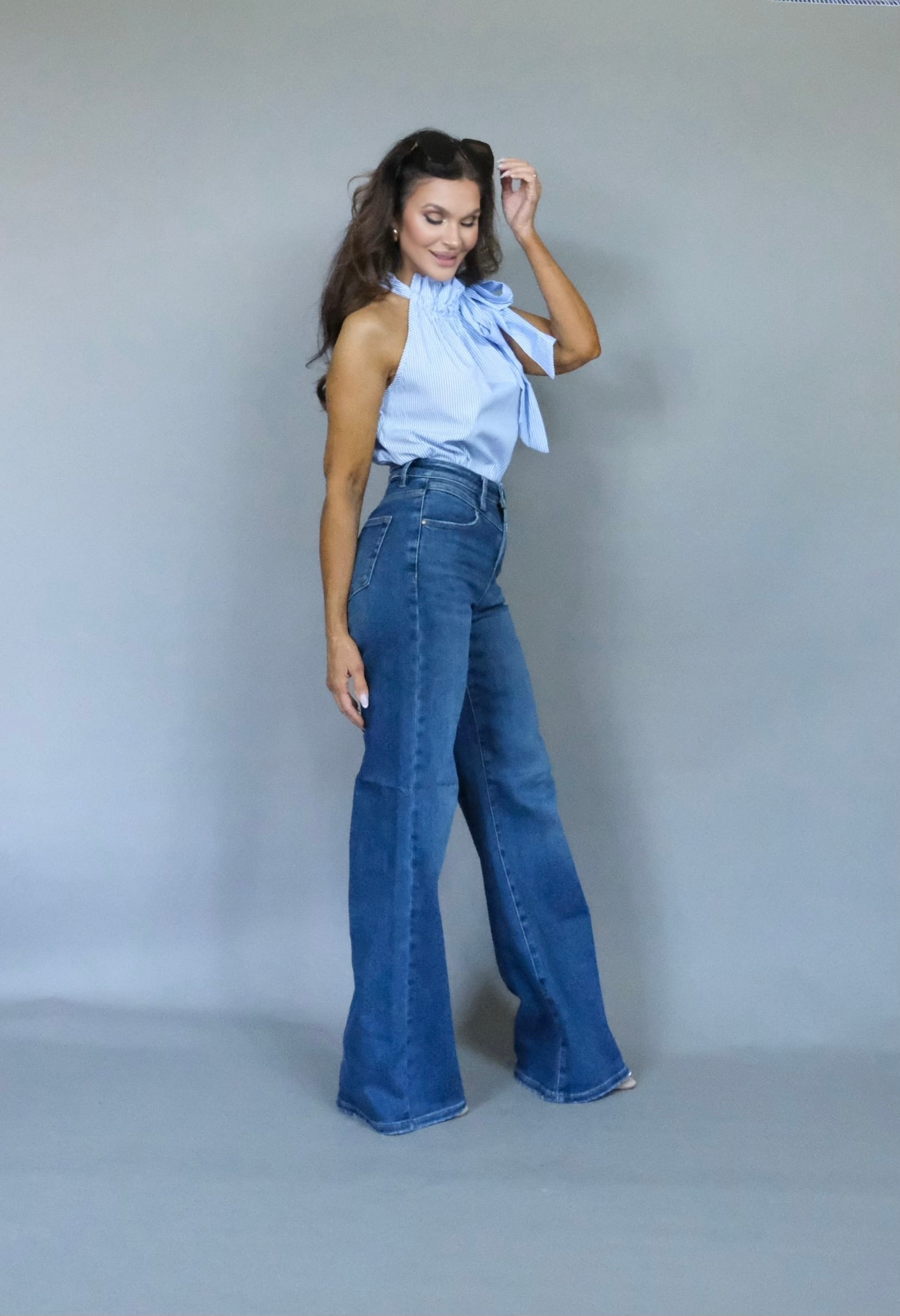 Venna medium wash ultra high rise wide yolk wide leg jean
