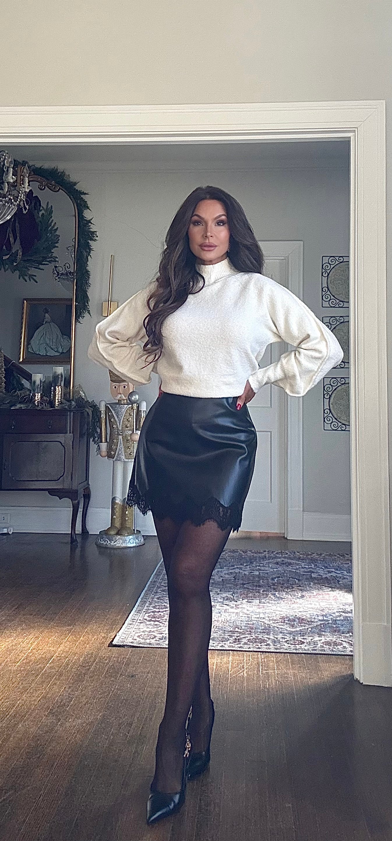 Chloe Black Vegan Leather Mini Skirt With Lace Trim