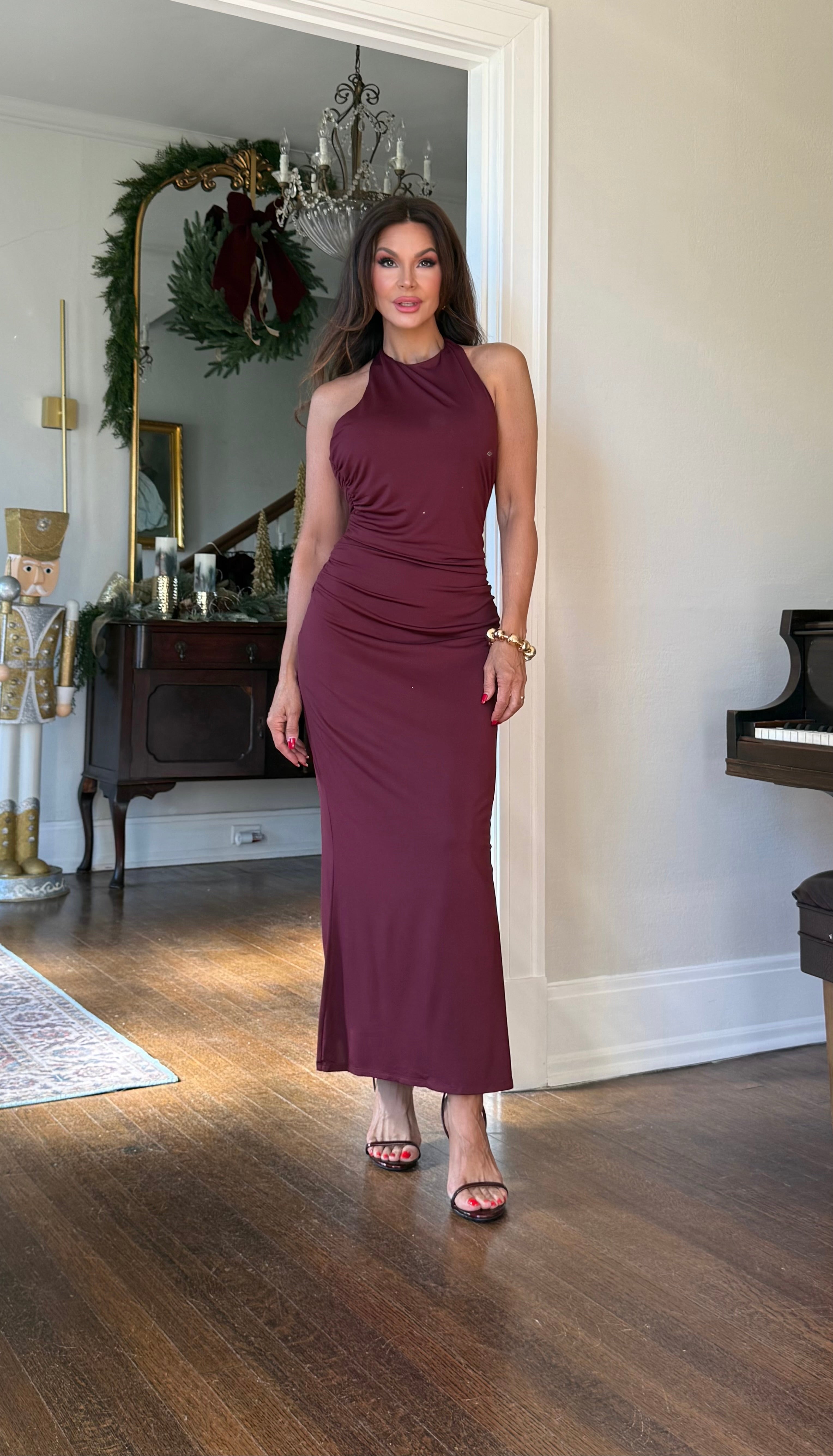 Bella Burgundy Halter Neck Side Ruche Midi Dress