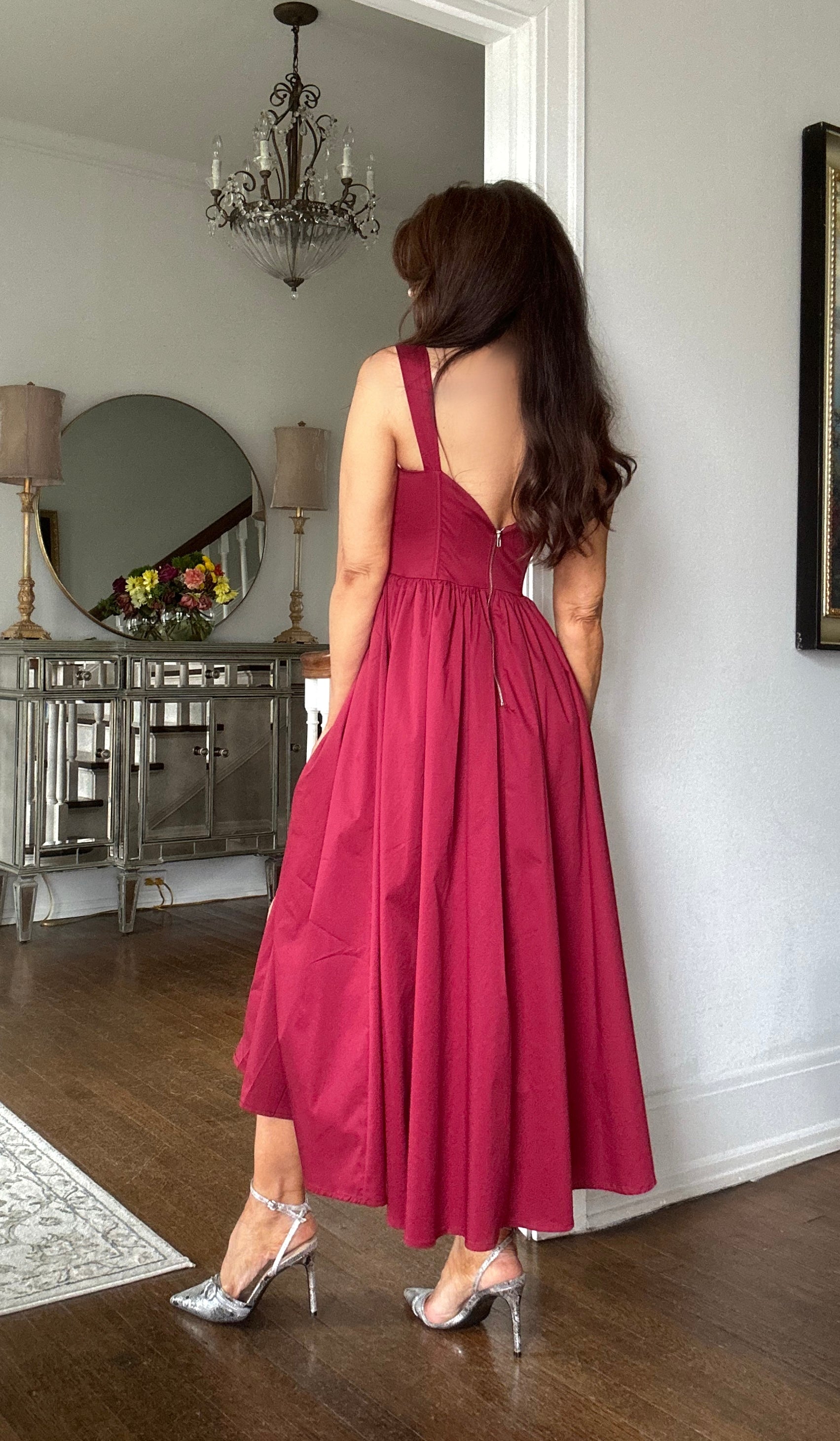 Teo wine corset a line maxi dress with slit