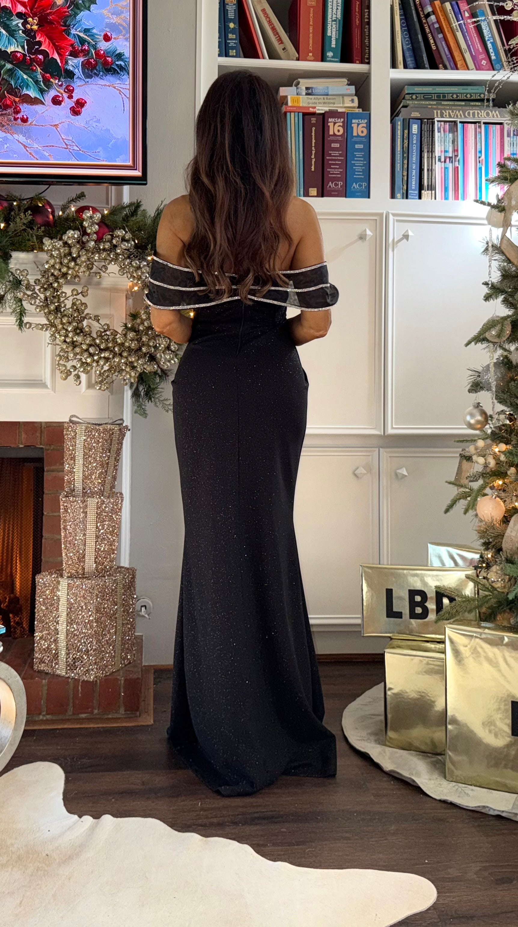 Ivanka Black Rhinestone Piped On Tulle Off Shoulder Fitted Formal Dress