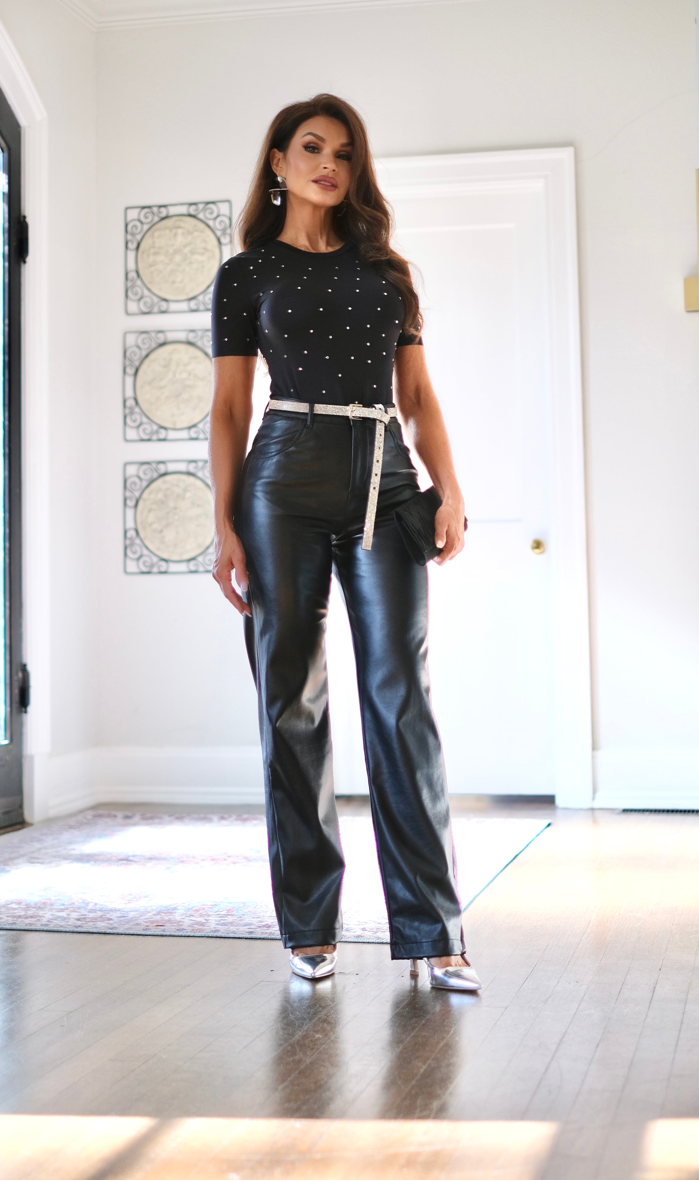 Kris black vegan leather high waist straight leg pant