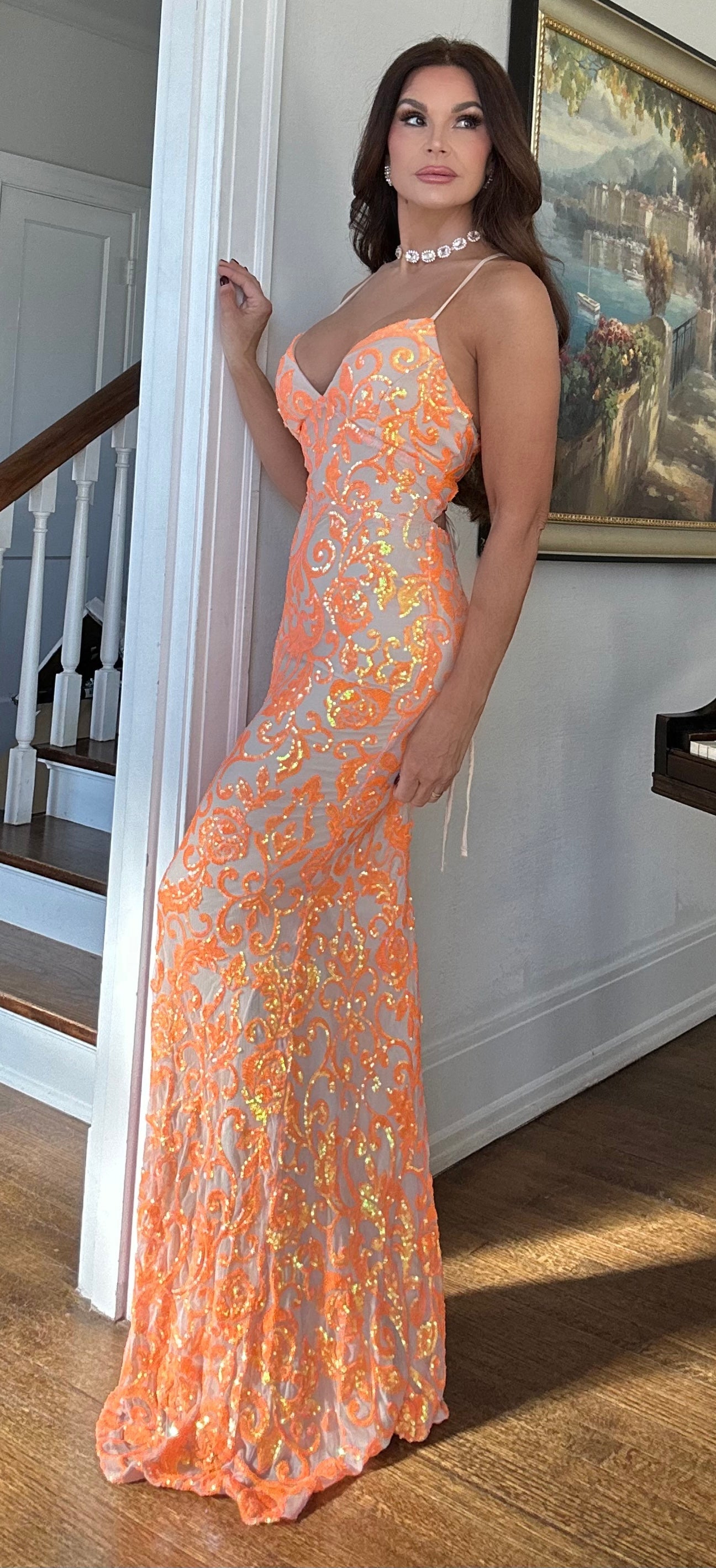 Bella orange and nude sequin maxi dress