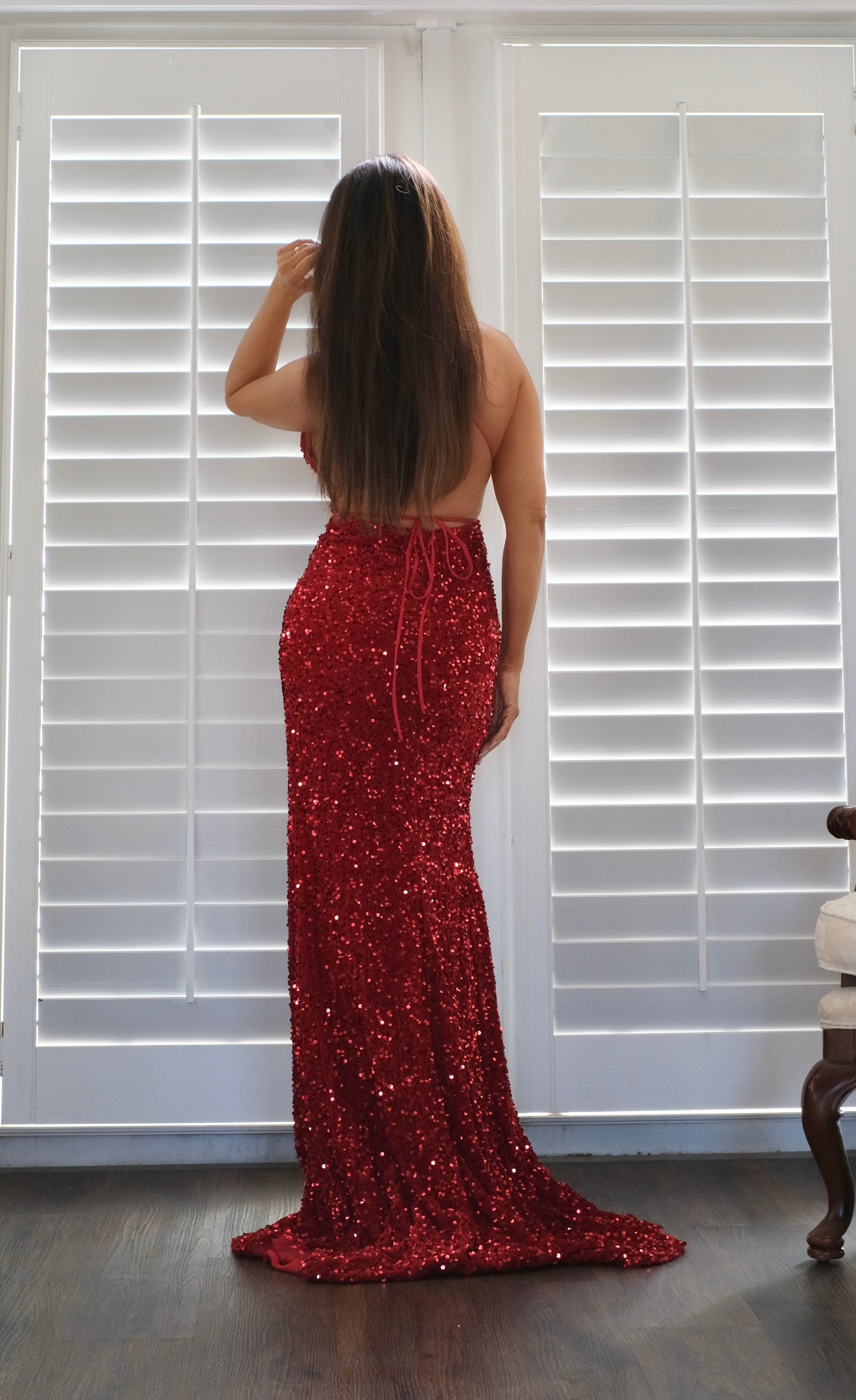 Heather red deep v halter with thigh high slit sequin formal dress