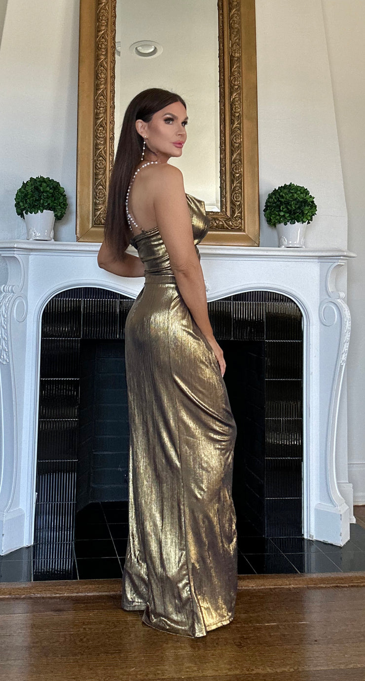 Ama metallic gold jumpsuit with pearl straps