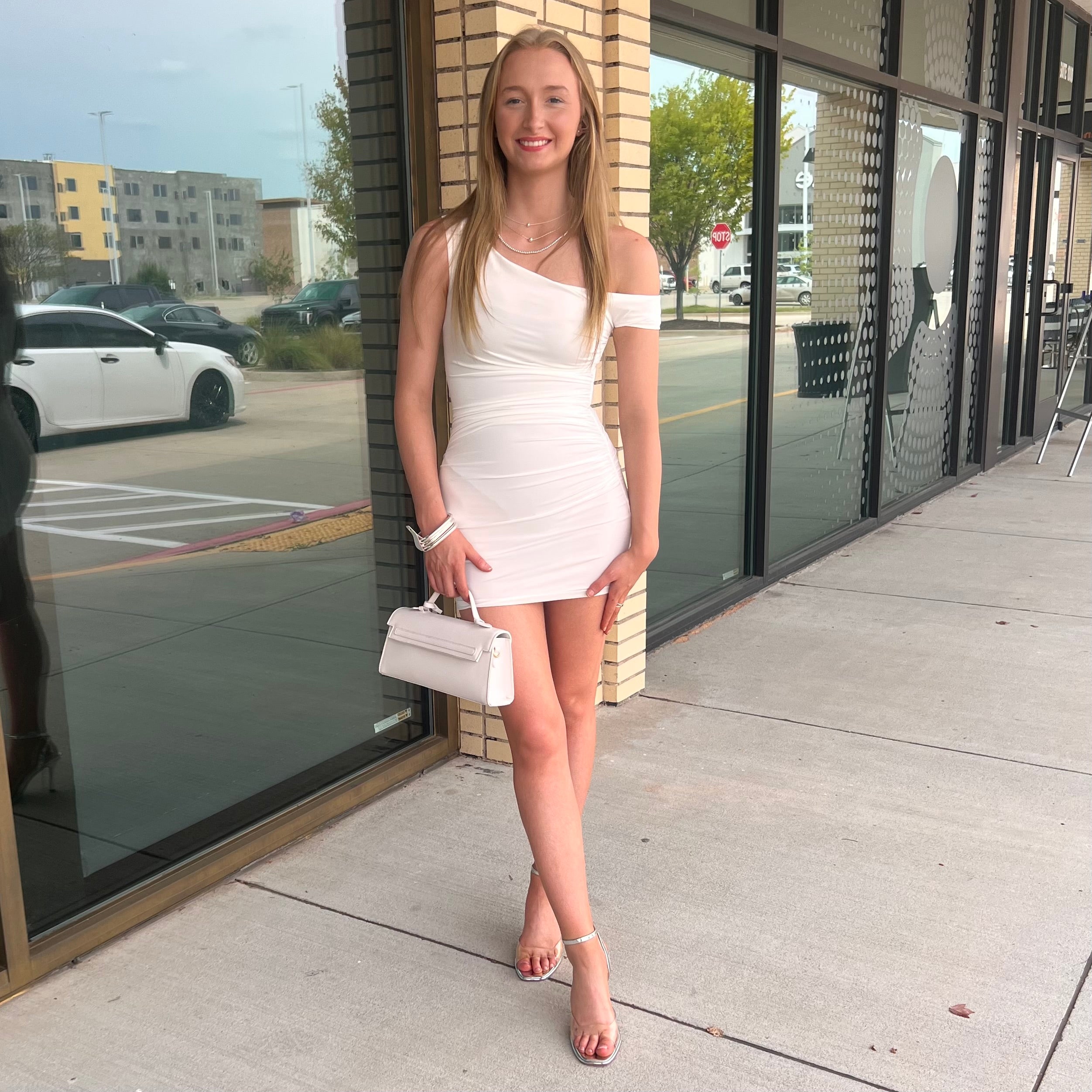 Klein White One Shoulder Mini Dress
