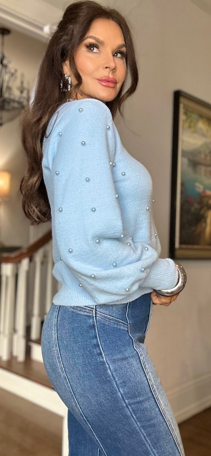 Cher Baby Blue puff sleeved sweater with pearls
