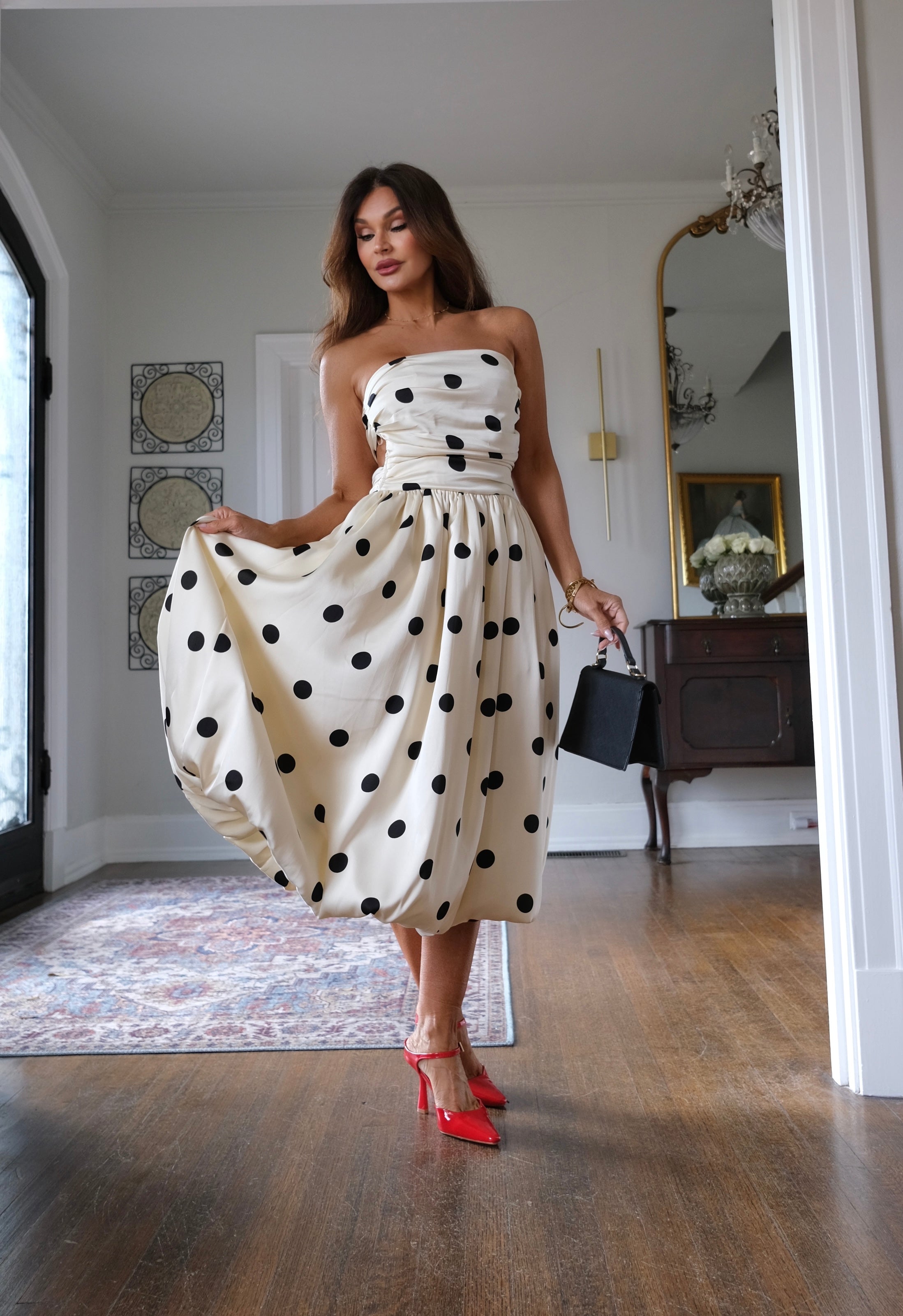 Katia black and white polka dot strapless bubble dress