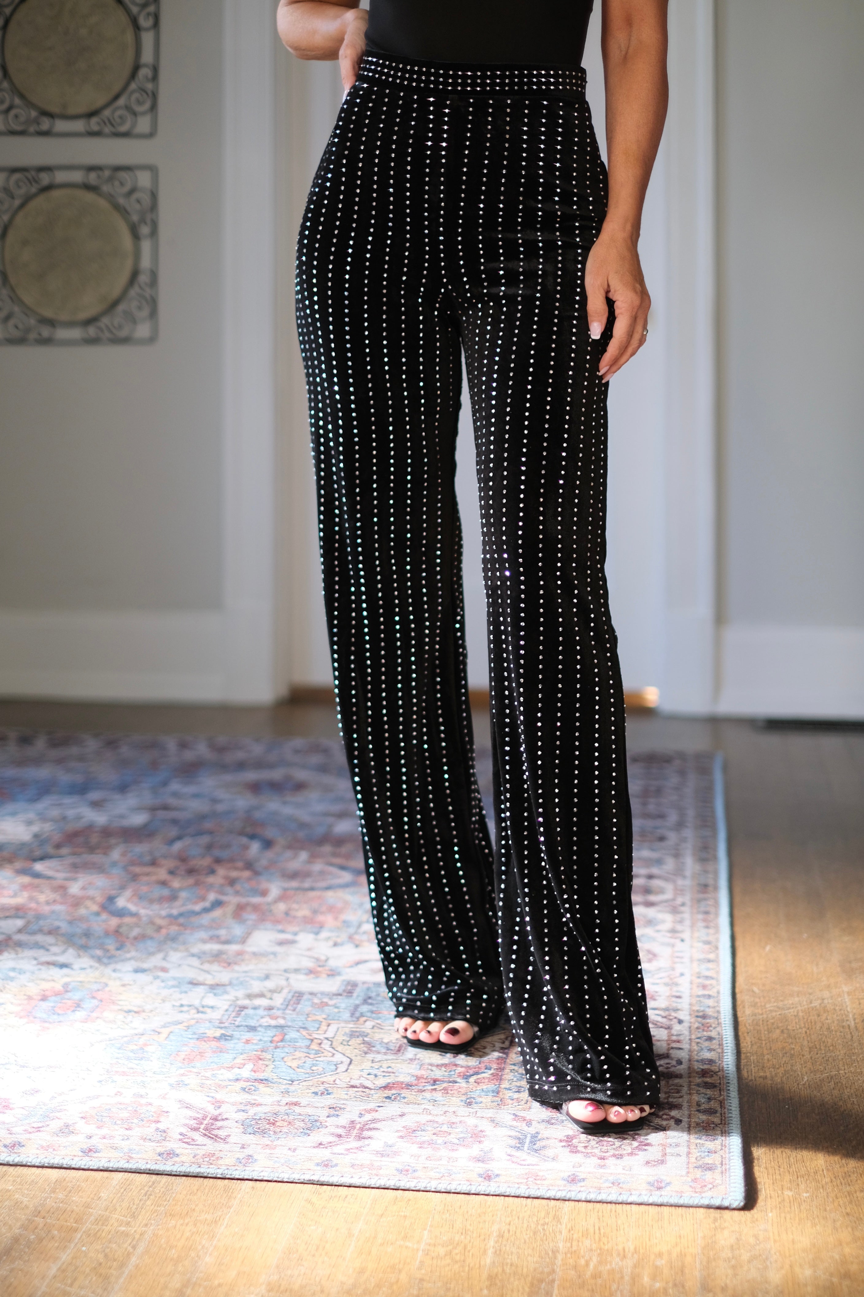 Banks Black Velvet Trousers with Rhinestone Pin Striping