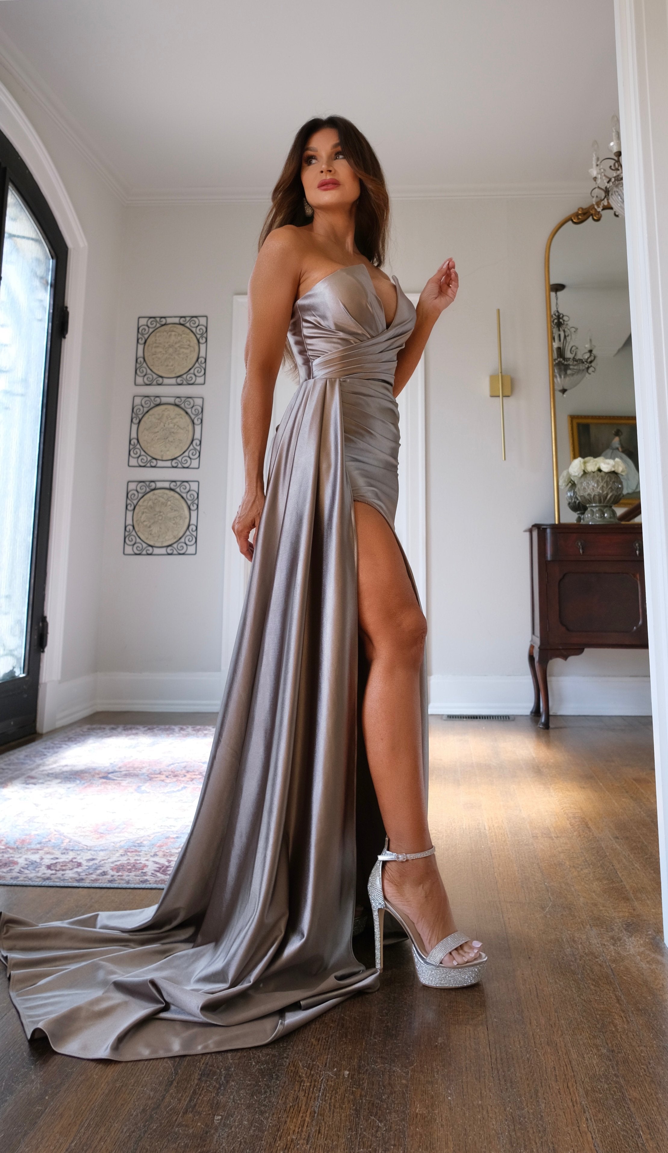 Sasha graphite silver strapless satin dress with slit and train