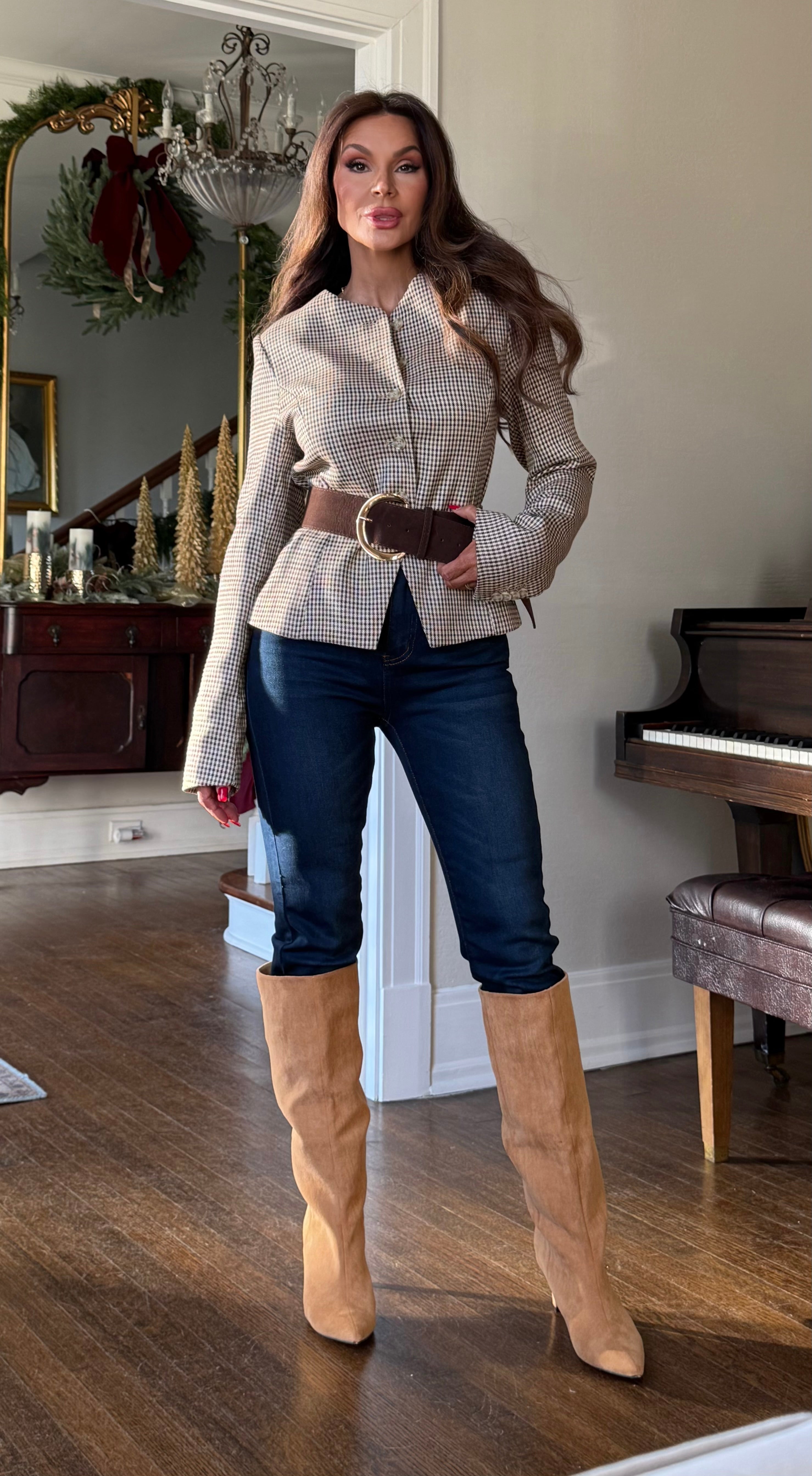 Lana Brown Plaid Round Neck Blazer