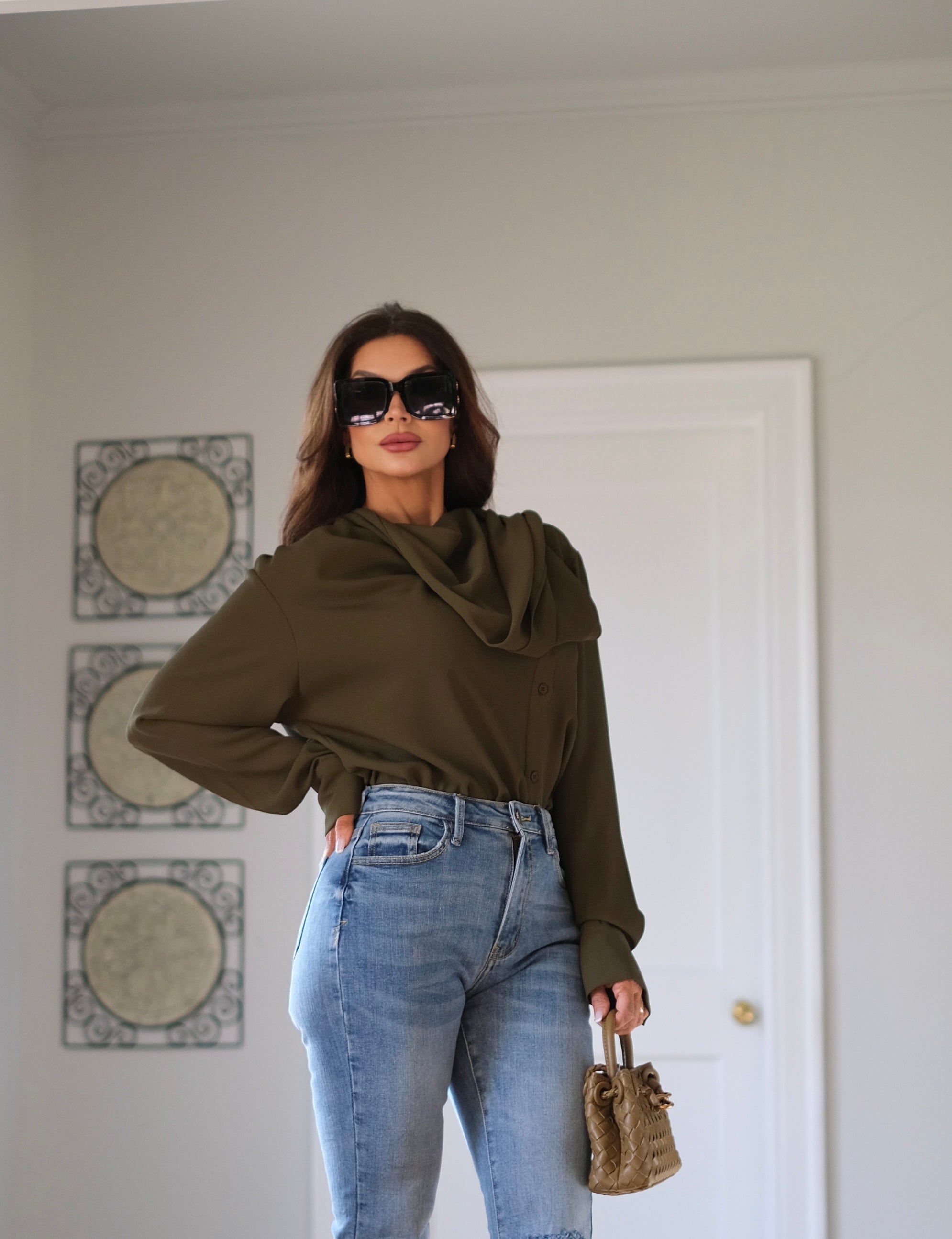 Octavia Olive Green Scarf Blouse With Side Button Detail