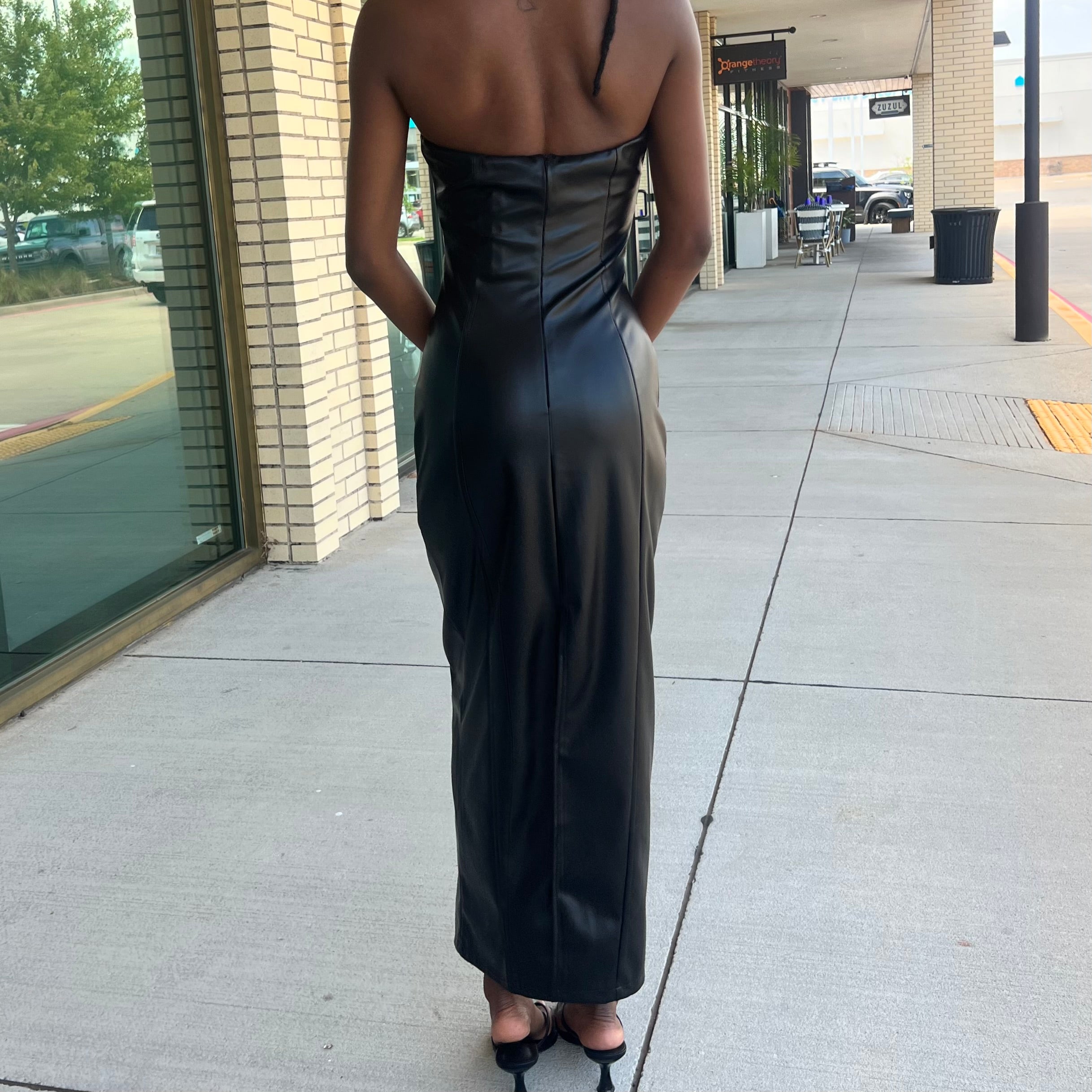 Portia Black Vegan Leather Halter Midi Dress