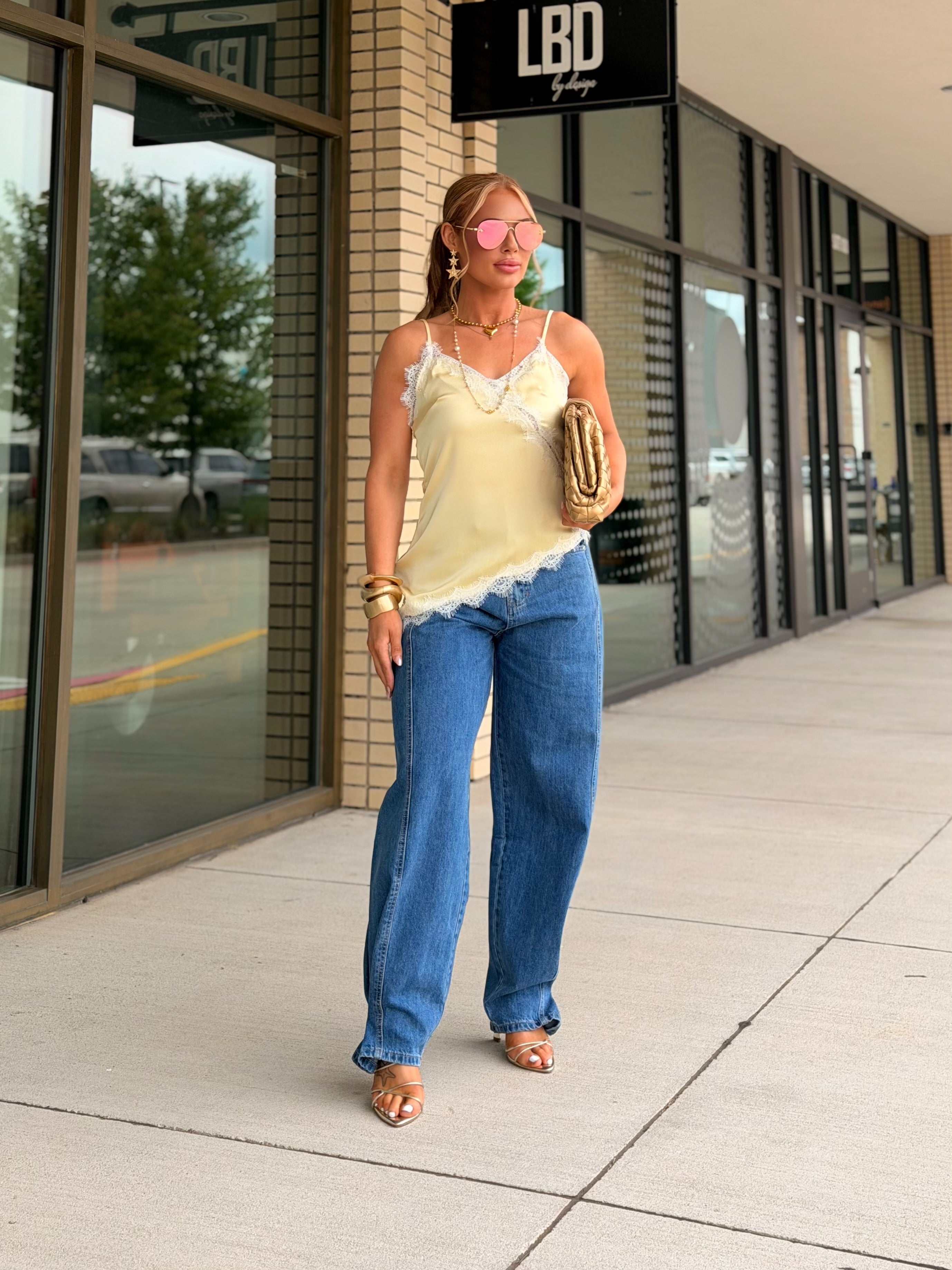 Sabrina light yellow asymmetrical satin lace top