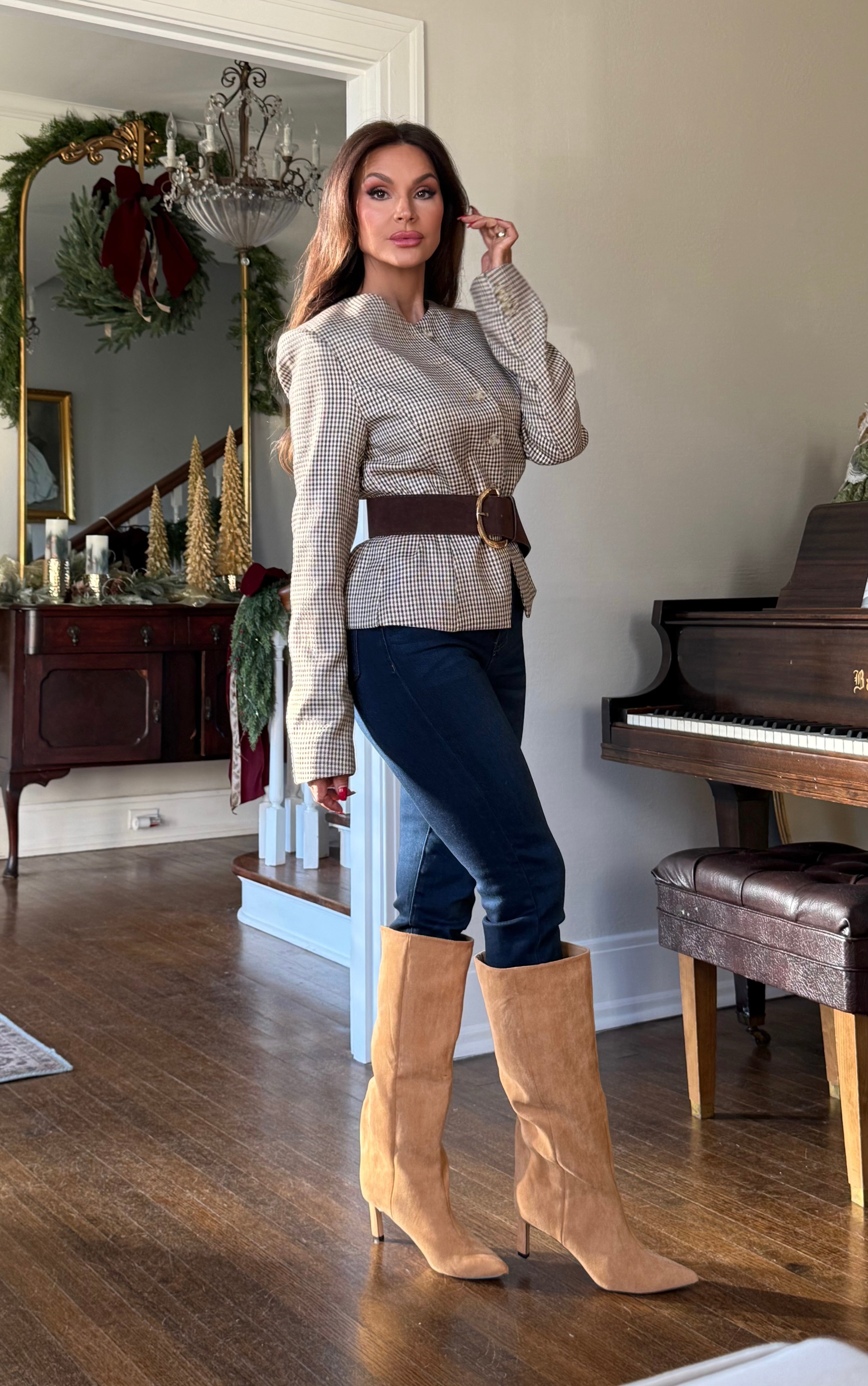 Lana Brown Plaid Round Neck Blazer