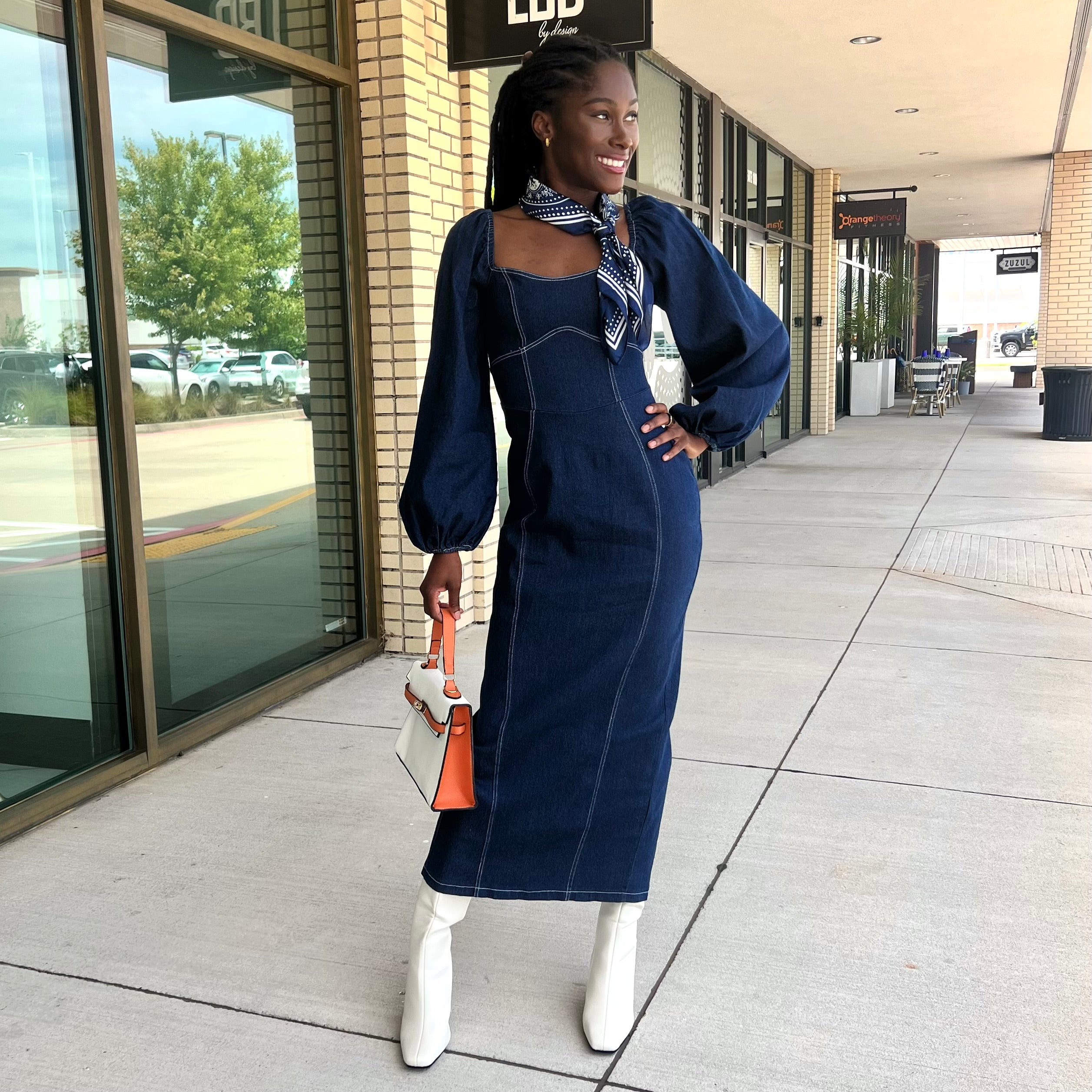 Chandler Dark Indigo Long Sleeve Denim Midi Dress