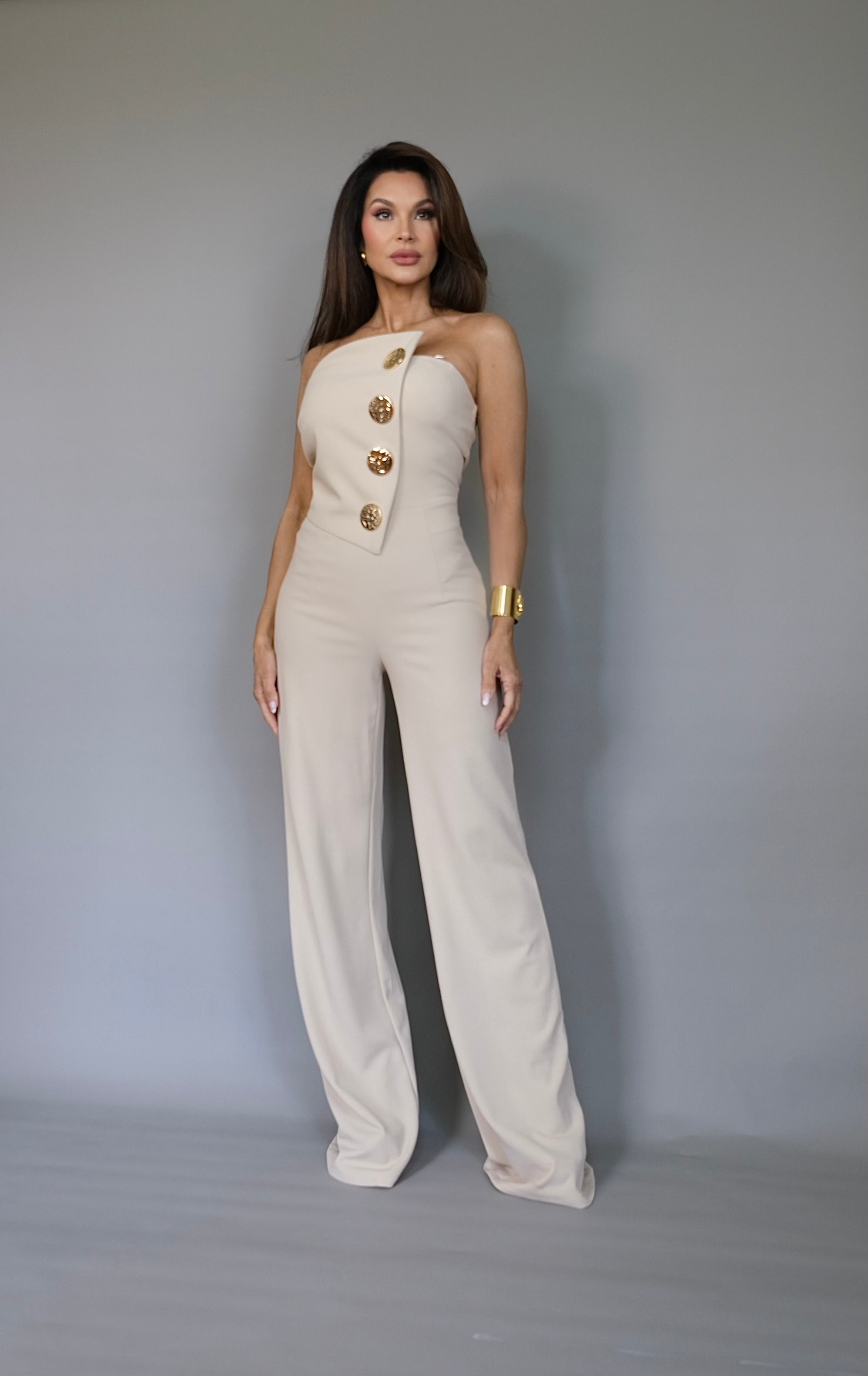 Joss beige off shoulder button trim jumpsuit