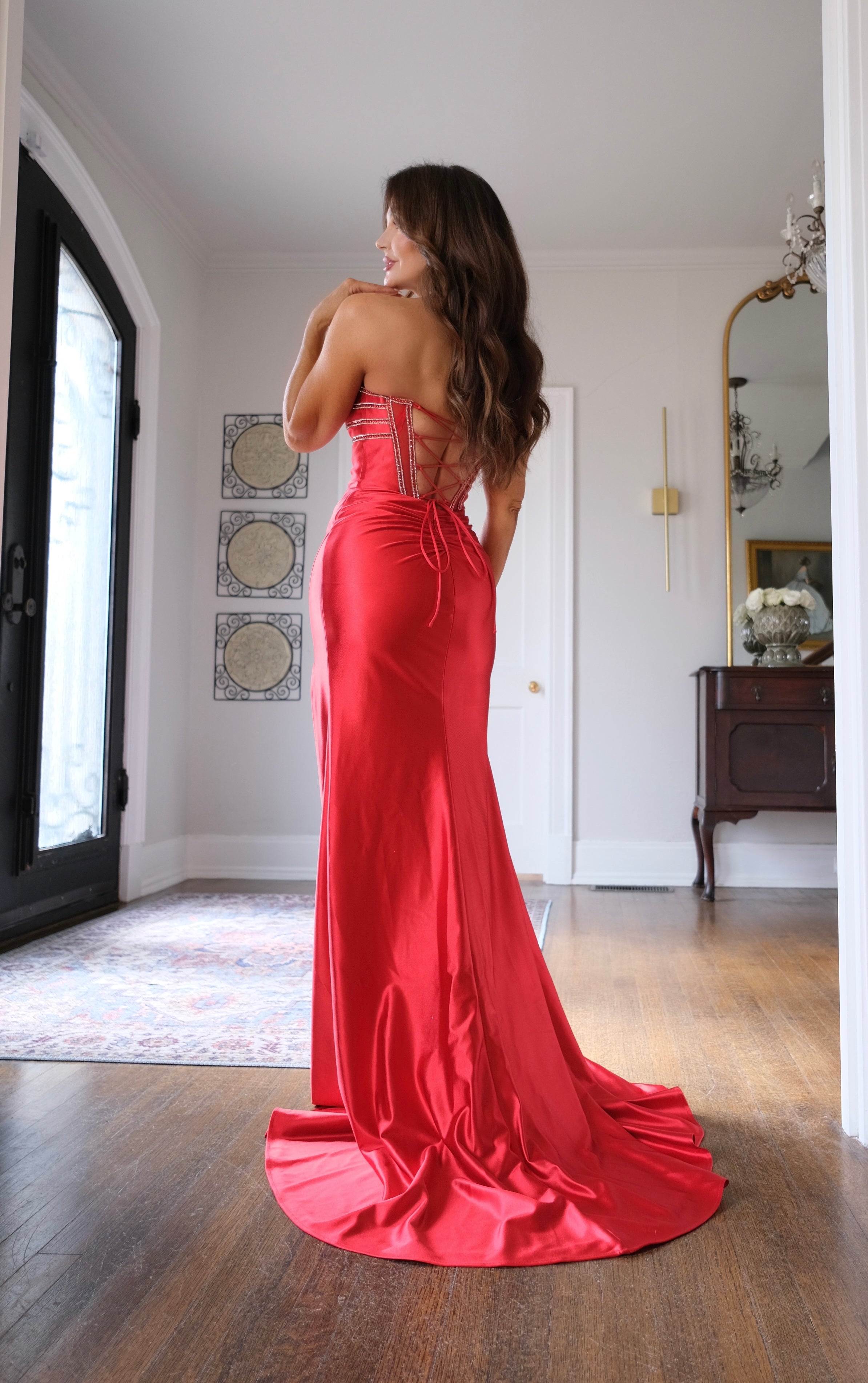 Neely red stoned bow corset top satin formal dress with slit