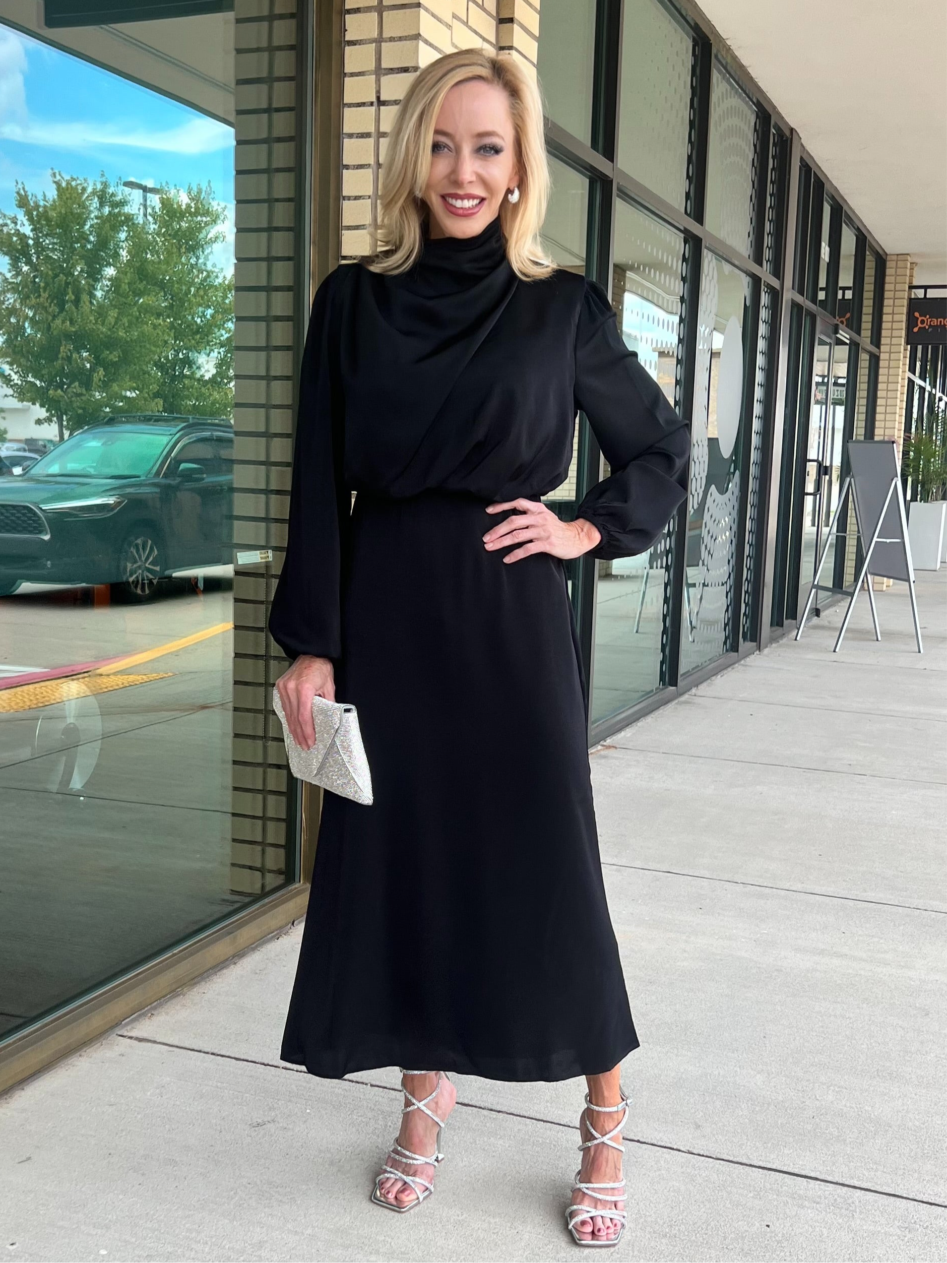 Andrea black ruched high neck satin long sleeve midi dress