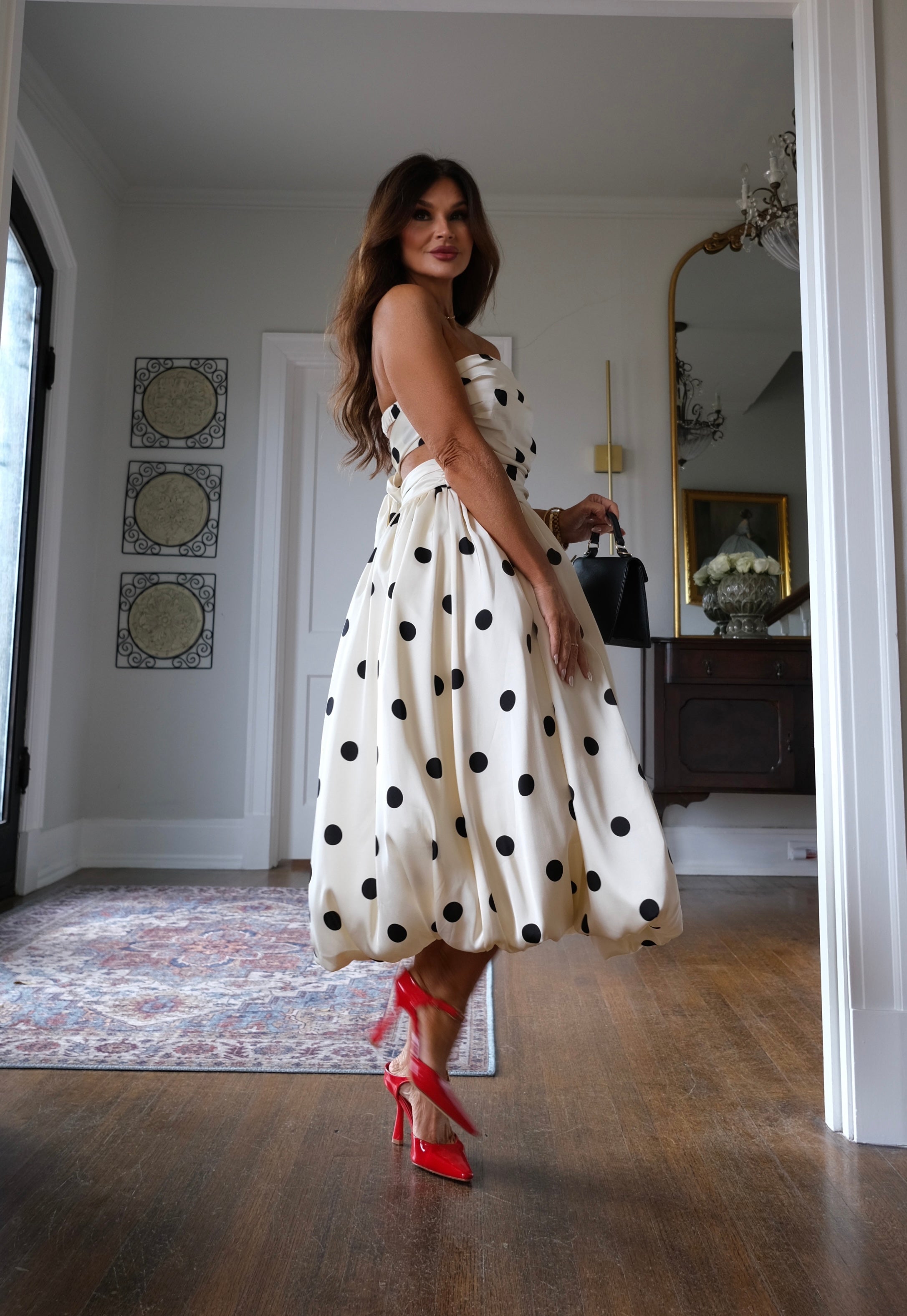 Katia black and white polka dot strapless bubble dress