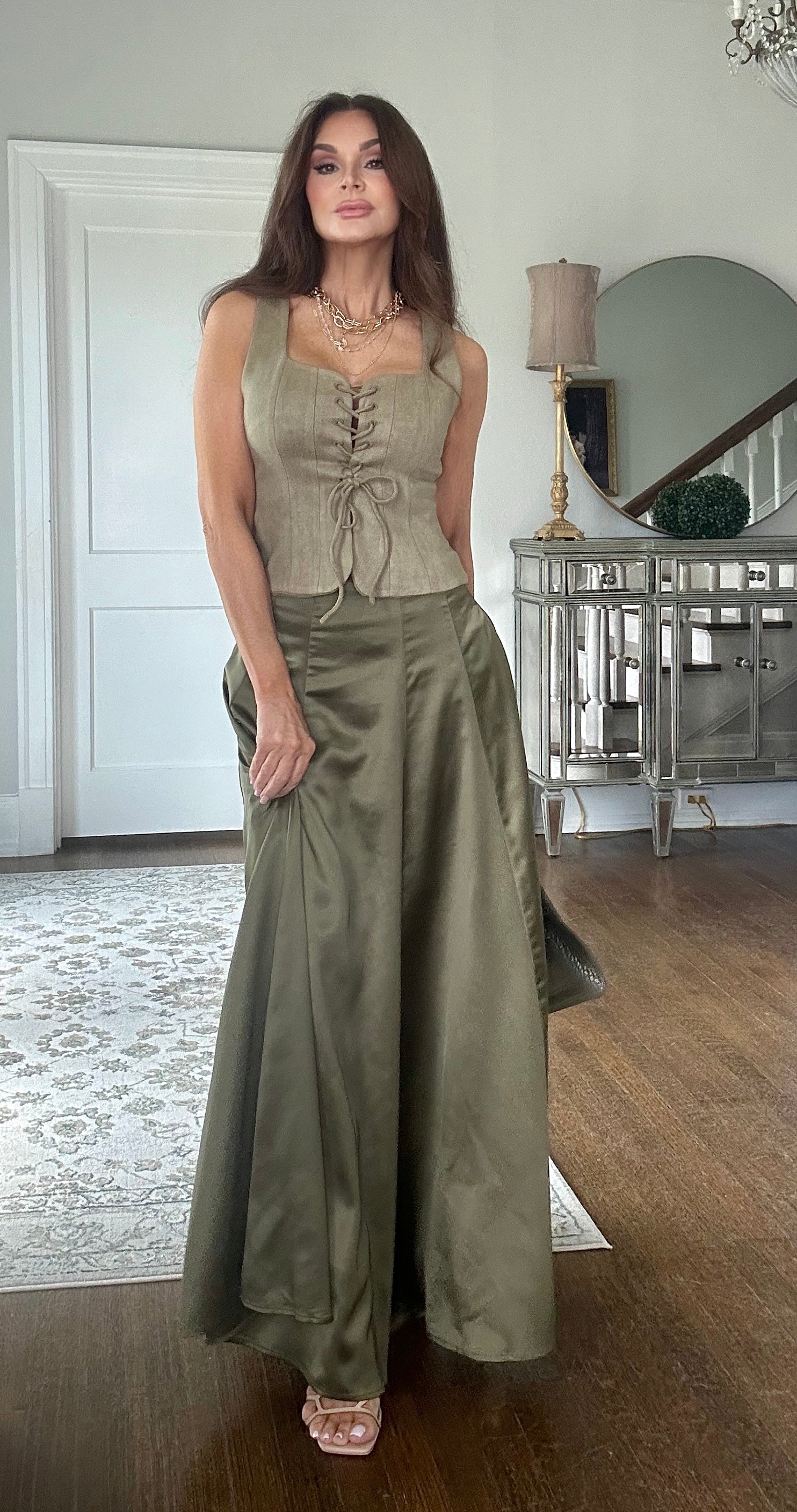 Olivia Olive Satin Maxi Skirt with Pockets