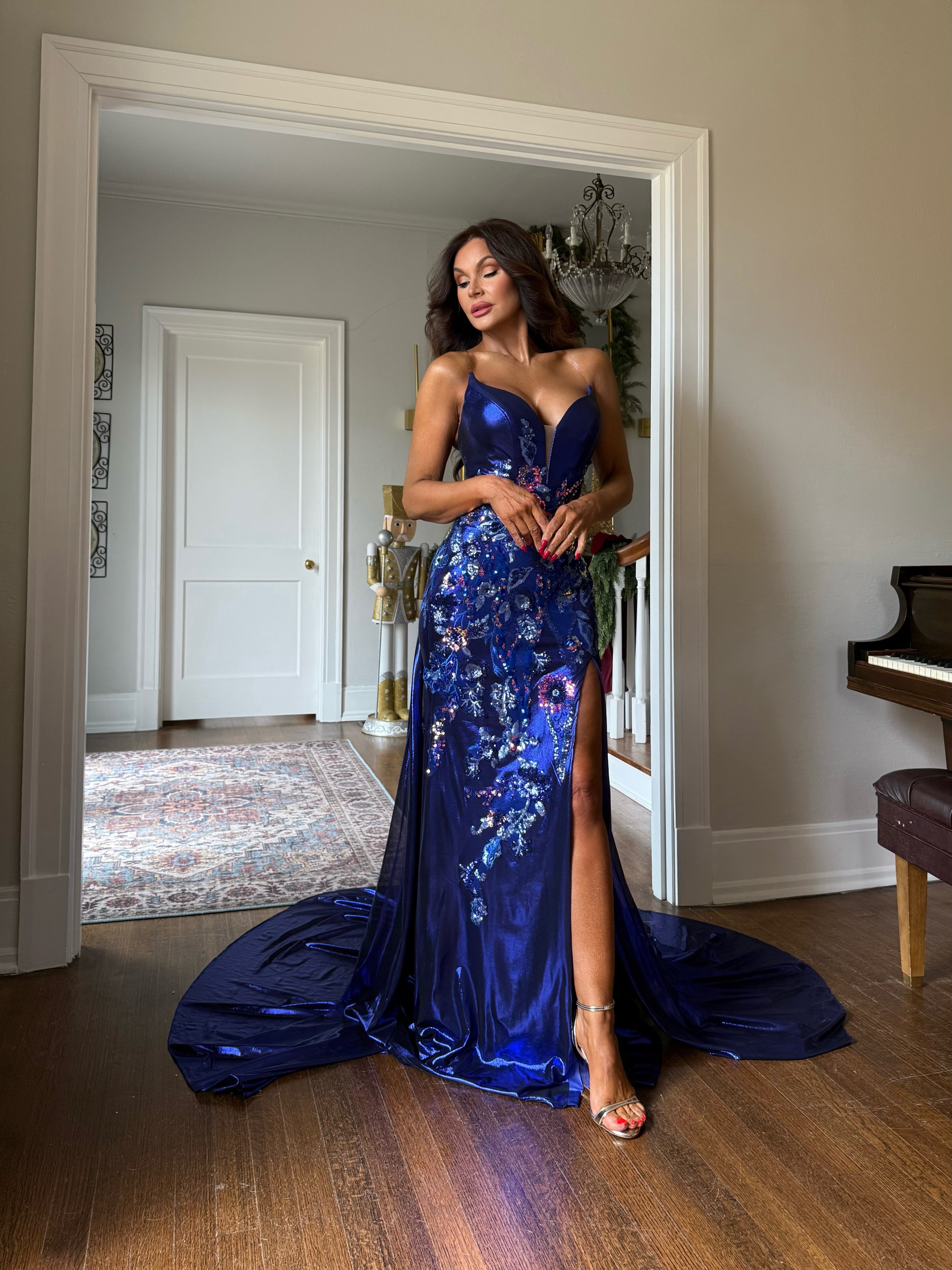 Jasmine royal blue floral sequin formal
