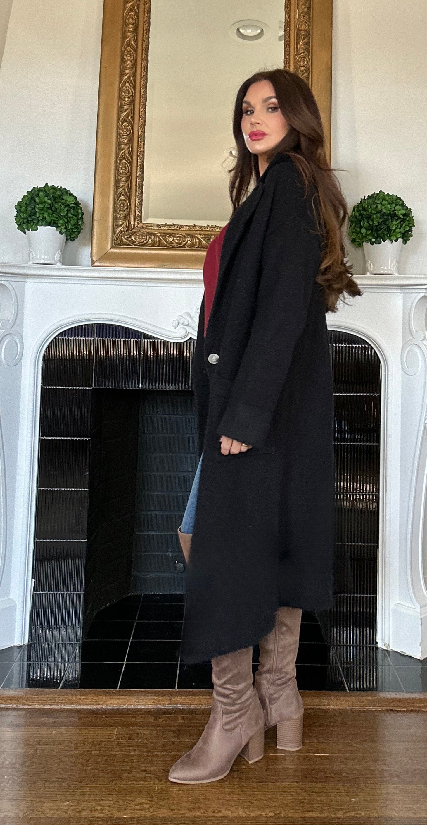 Anita black long line knit trench coat